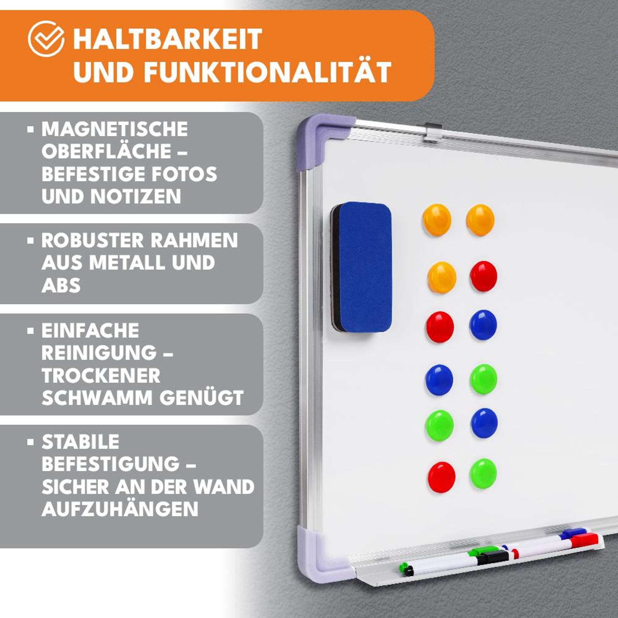KRUMAD Whiteboard Magnetisch 60x40 cm – Magnettafel mit Zubehör, abwischbare Schreibtafel mit Metallrahmen – inkl. Stifte, Magnete & Radierer
