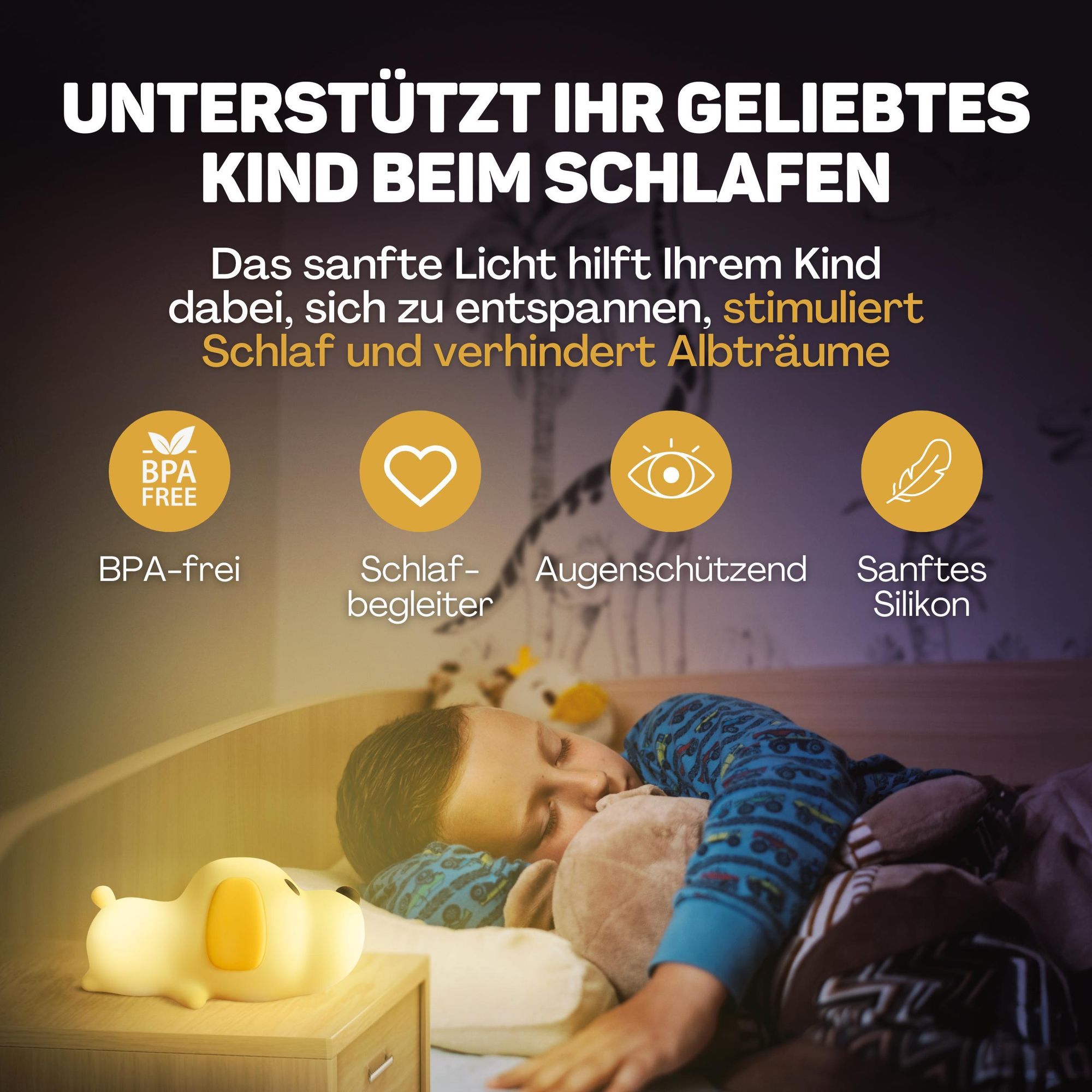 Nachtlicht für Kinder mit Touch-Bedienung und 8 Farben, Silikon-LED-Nachtlicht für das Kinderzimmer, USB-aufladbar, Dimmbar, Timer-Funktion, Welpe