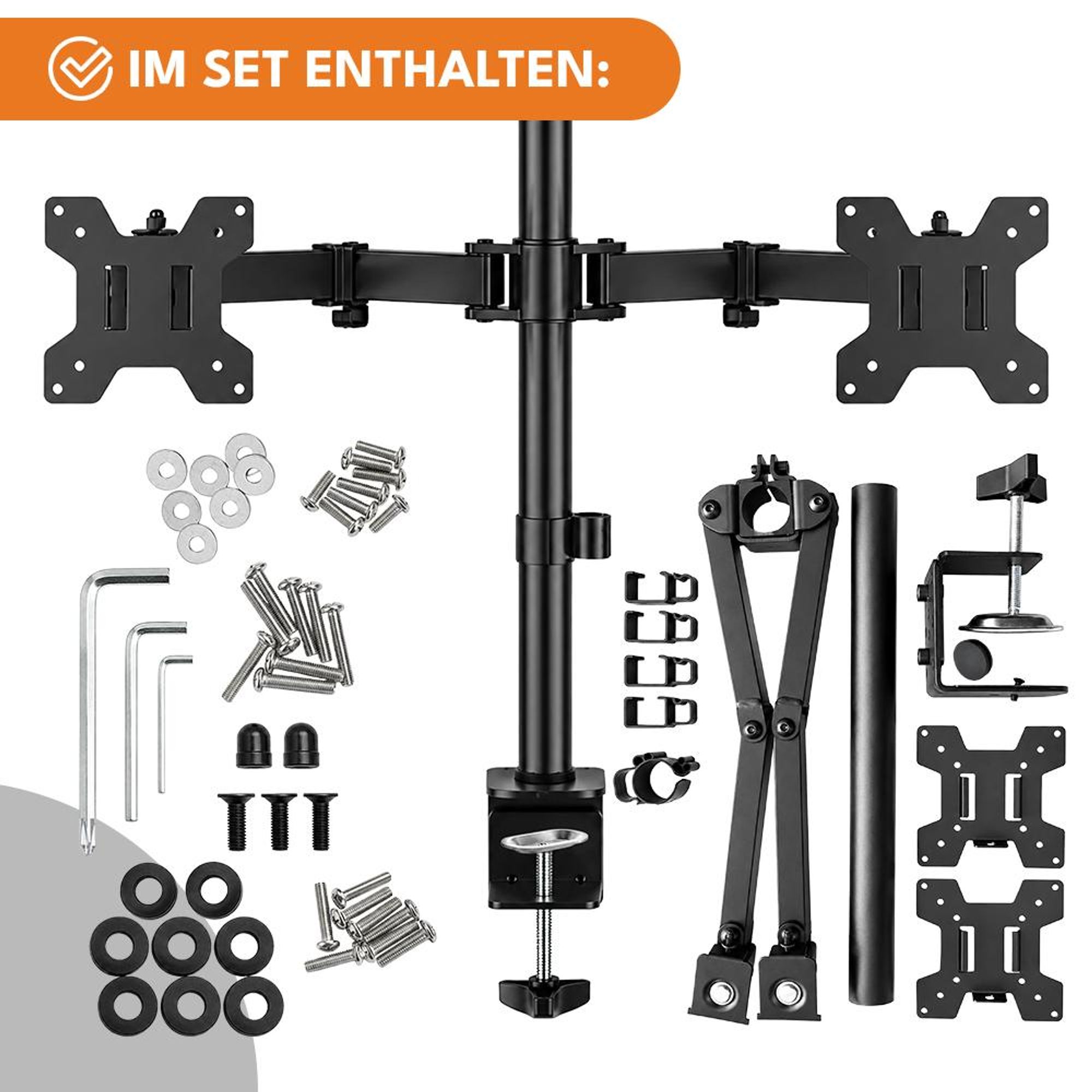 KRUMAD Monitor Halterung für 2 Monitore, 13–27 Zoll, Dual Monitorhalterung 360° Drehung, Bildschirmhalterung bis 9 kg, inkl. Montage System, Schwarz
