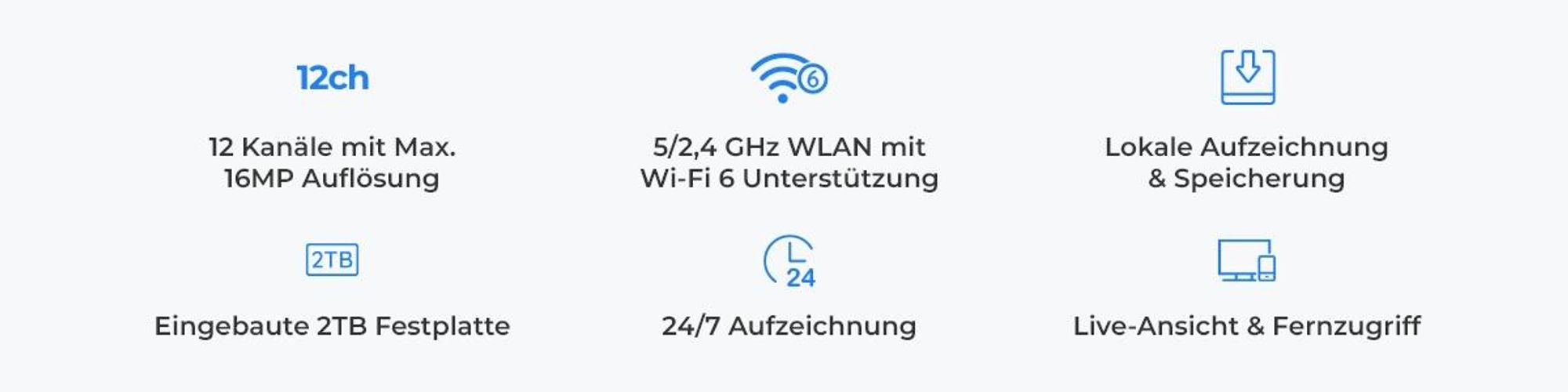 Reolink RLN12W, 16-Kanal 2TB HDD 5/2,4 GHz Wi-Fi 6 NVR Rekorder, 24/7 lokale Aufzeichnung, Ohne PoE-Anschlüsse, bis zu 16TB, Schwarz