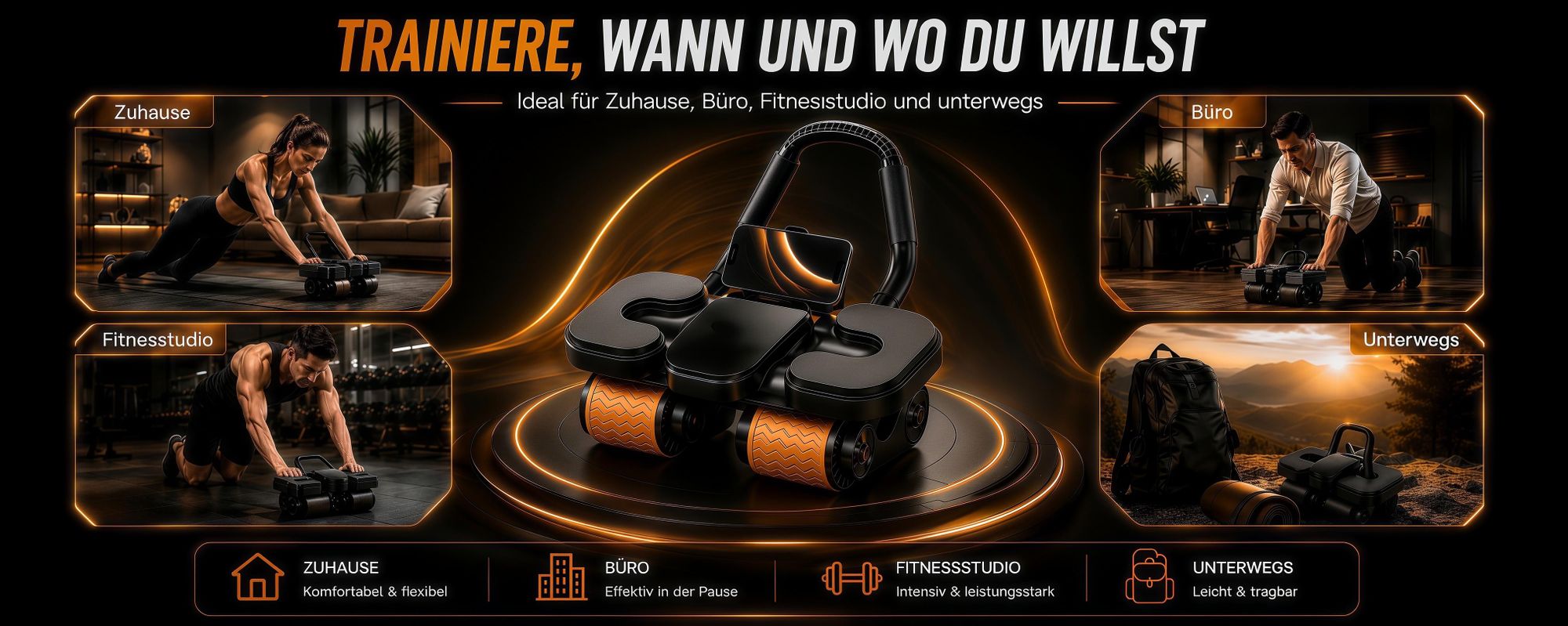 4-rädriger automatischer Rückfederung Bauchtrainer mit Kniematte,Ab Roller Wheel,Bauchtrainer elektrisch mit Ellbogenstütze und Handyhalter,Schwarz