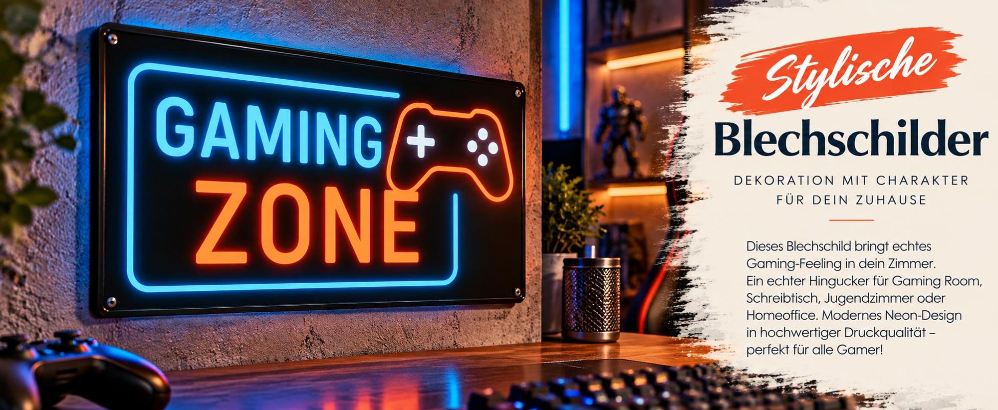 AstraDesign Gaming-Zone Blechschild im Neon-Look – stylische Wanddeko für Gaming-Zimmer und Gamer.