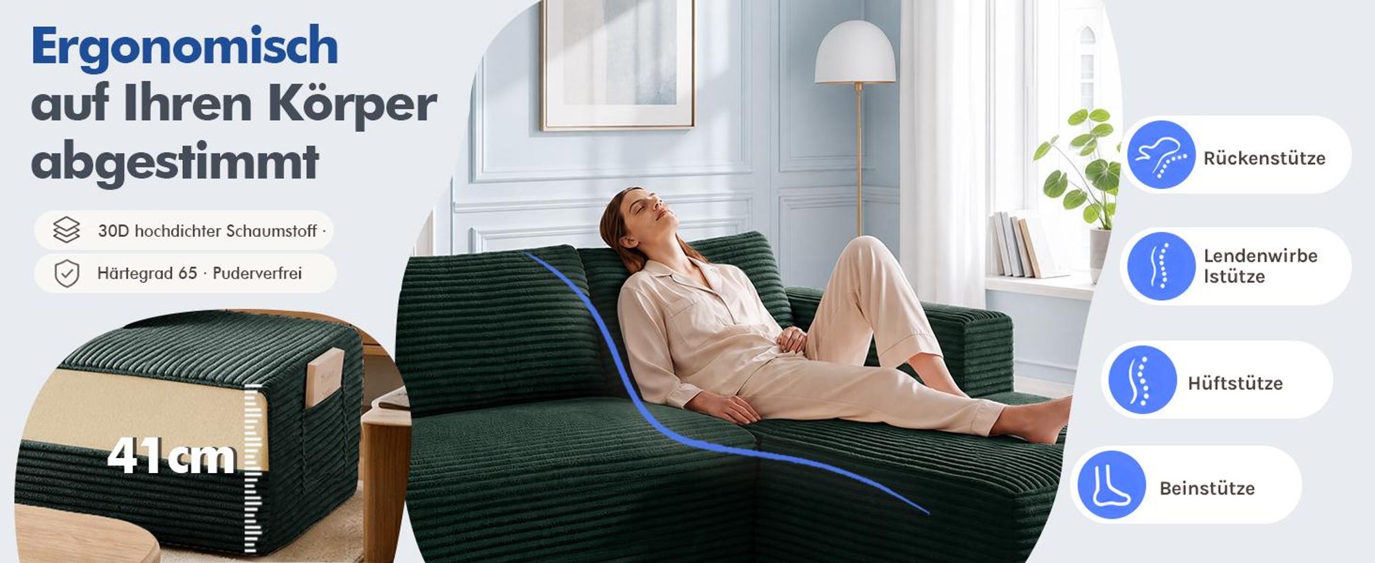 COMHOMA Ecksofa mit Schlaffunktion, 228cm Corduroy Modulares Boneless Couch mit Chaiselongue & Rücken-Metallgestell, L-Form Schlafsofa mit offenem
