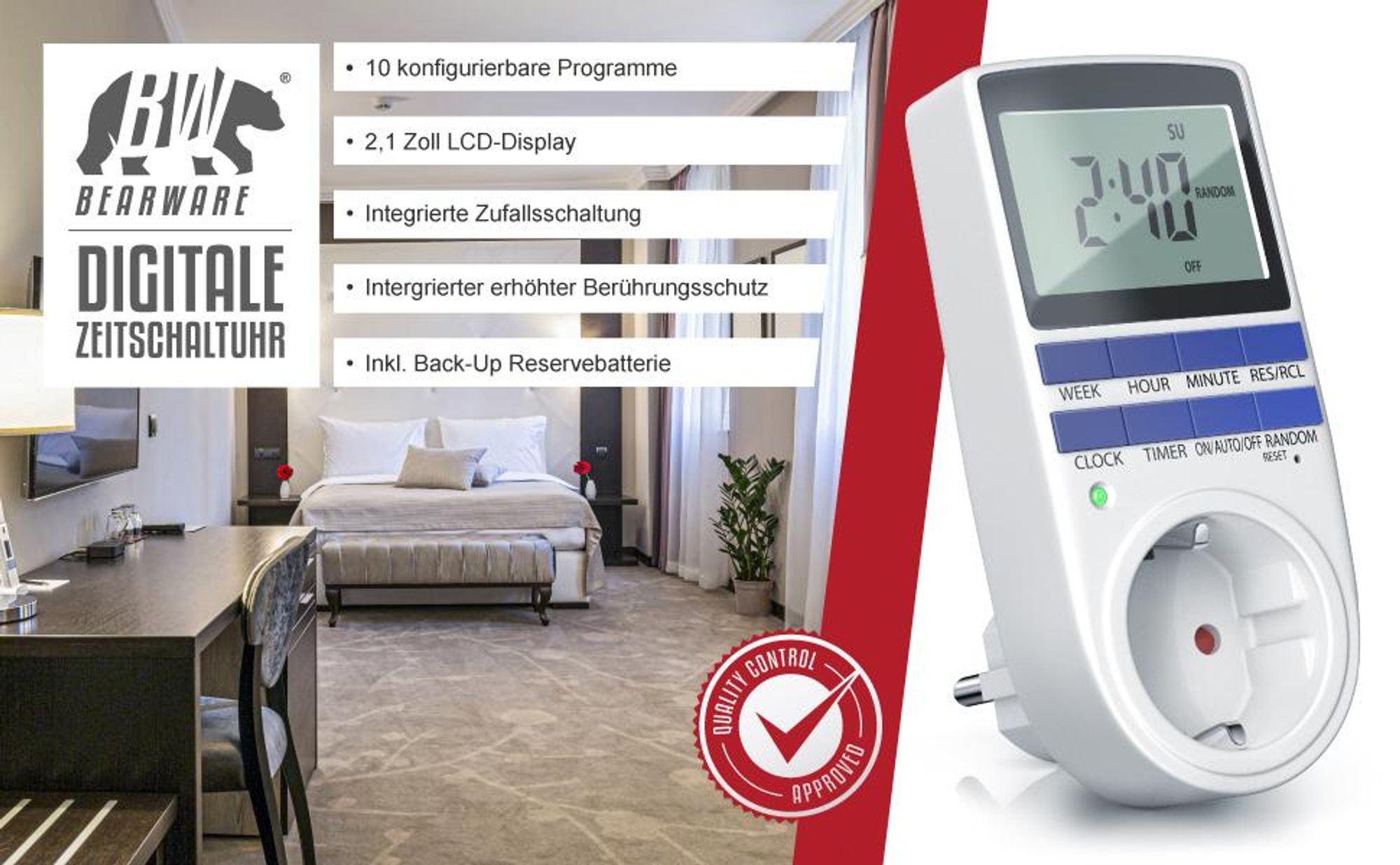 BEARWARE Zeitschaltuhr digital - 2,1" LCD-Display 5,3 cm - 3680W - Digital-Zeitschaltuhr mit 10 konfigurierbaren Programmen - Back-Up Reserve-Akku - Zufallsschaltung - integrierter Berührungsschutz