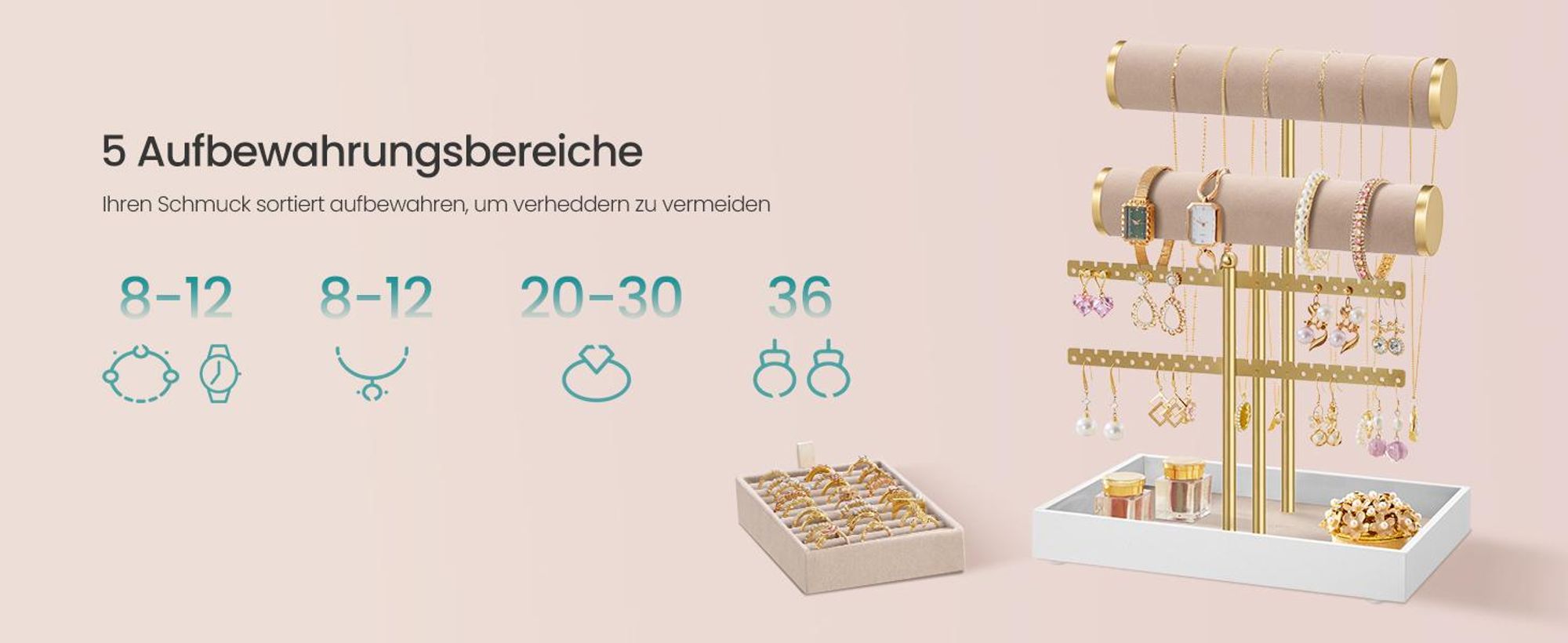 SONGMICS Schmuckständer mit abnehmbarem Ringhalter, Schmuck-Organizer, Tablett aus Plüsch, gold-beige