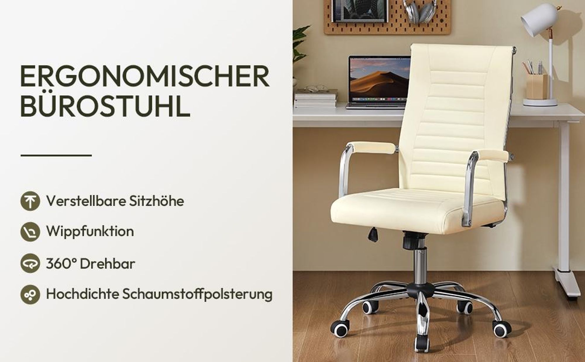 Yaheetech Ergonomischer Bürostuhl Schreibtischstuhl mit hoher Rückenlehne & Wippfunktion, bis 136 kg belastbar, Beige
