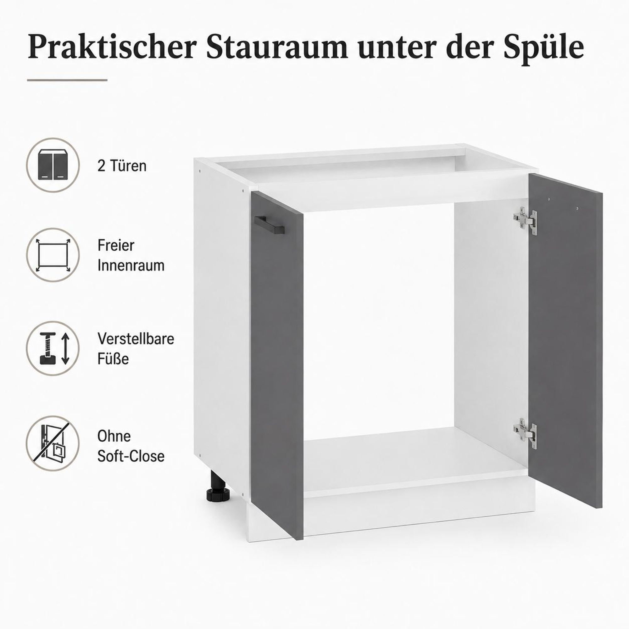 Spülenschrank 80 cm Anthrazit: Praktischer freier Innenraum unter der Spüle.