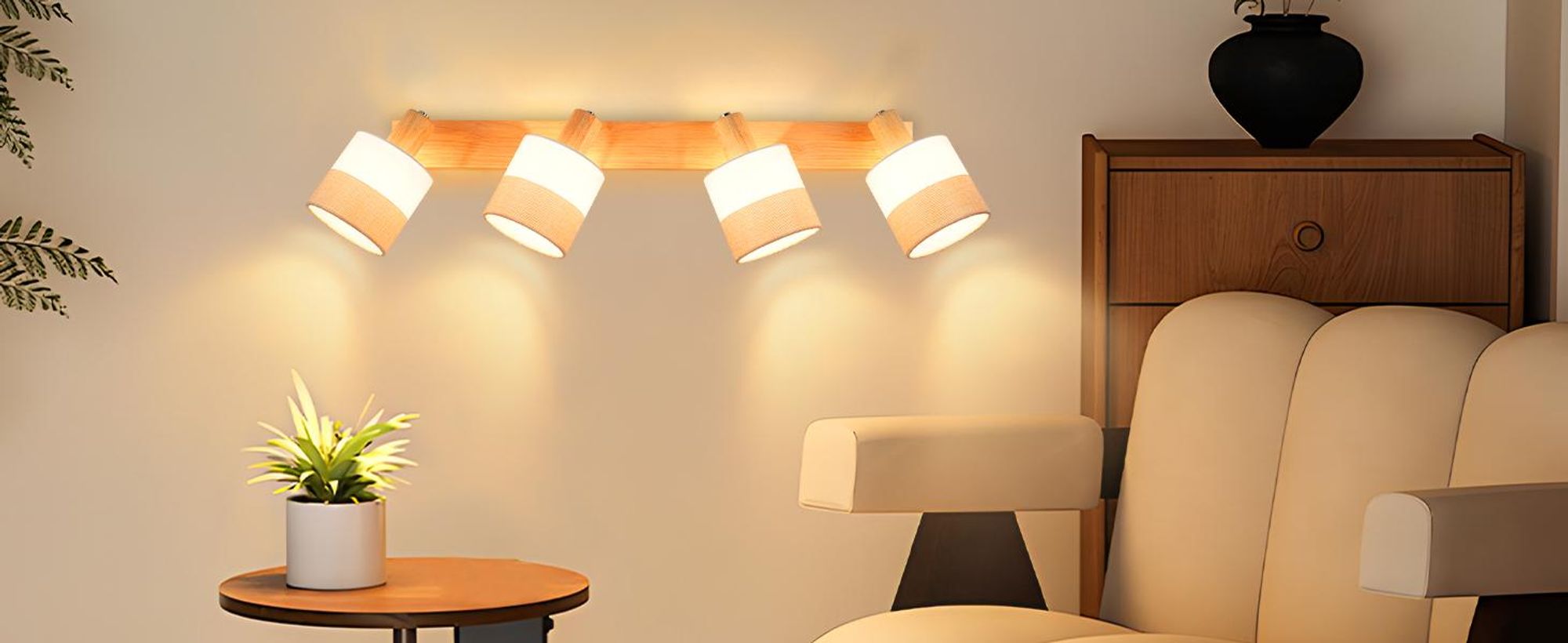 ZMH Deckenleuchte,4 Flammig,Deckenstrahler E14,Vintage Deckenlampe,Holz Deckenspot,mit Stoffschirm,Schwenkbar 350°, MAX.25W,Ohne Leuchtmittel
