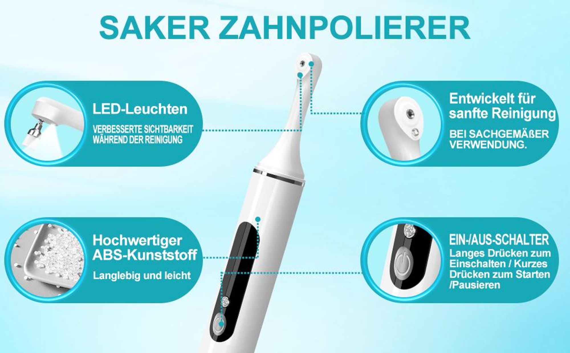 Cool-i® Zahnpolierer Set mit LED & 5 Modi& 6 Köpfen, – Für kosmetische Zahnpflege, sanftes Aufhellen & frischen Atem