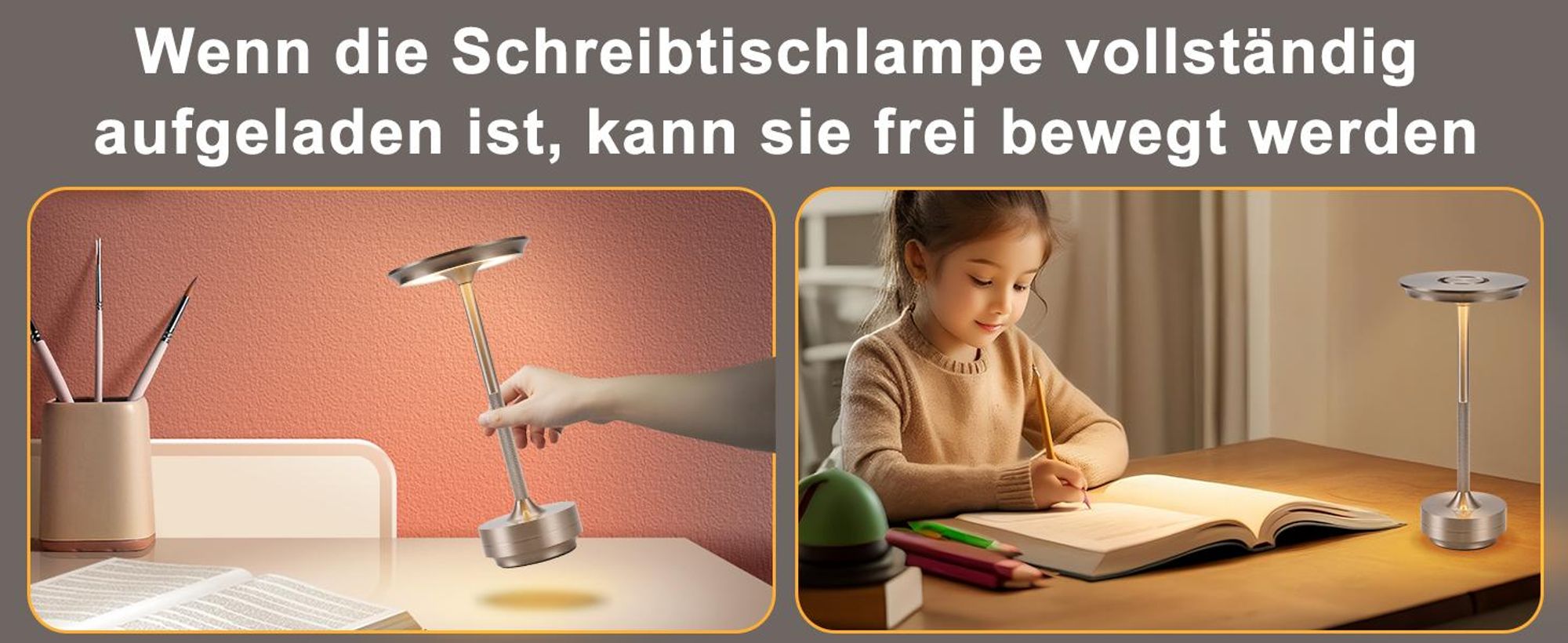 ZMH Nachttischlampe Kabellos Tischlampe Akku - LED Tischleuchte Touch Dimmbar Lampe mit USB Aufladbar Batterie Tischlampen Nickel 2er Set für Modern Fensterbank Wohnzimmer Kinderzimmer Schlafzimmer
