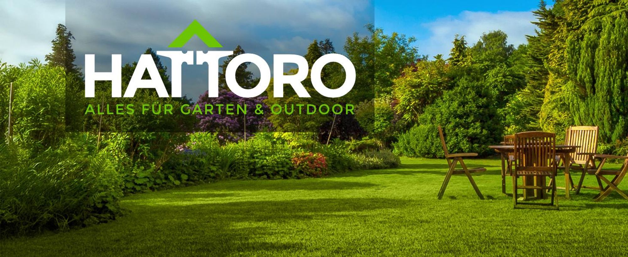 HATTORO Alles für Garten & Outdoor-Logo vor Gartenbild mit Sitzgruppe