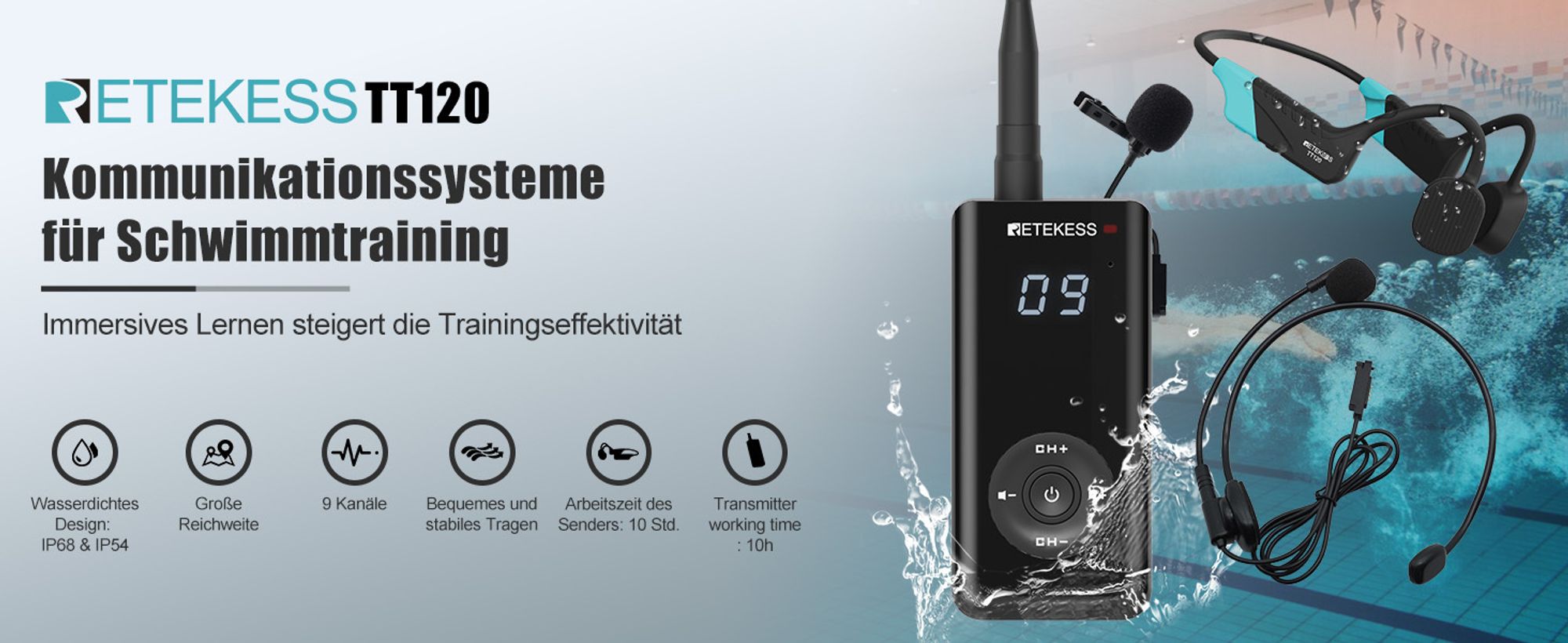 Retekess TT120 Schwimmtrainings-Kommunikationssystem Trainer-Sender und Schüler-Empfänger für den Schwimmsport