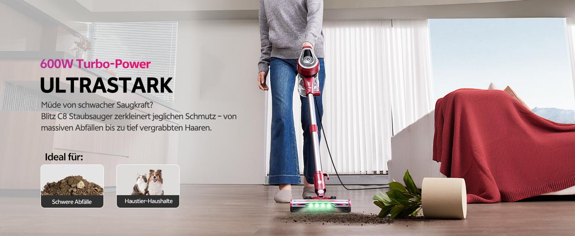 Vactidy C8 Staubsauger mit Kabel 7m/60kPa/600W Handstaubsauger 1,5L Beutelloser Staubbehälter, Antiverhedderungs-Bürste für Böden Teppiche Tierhaare