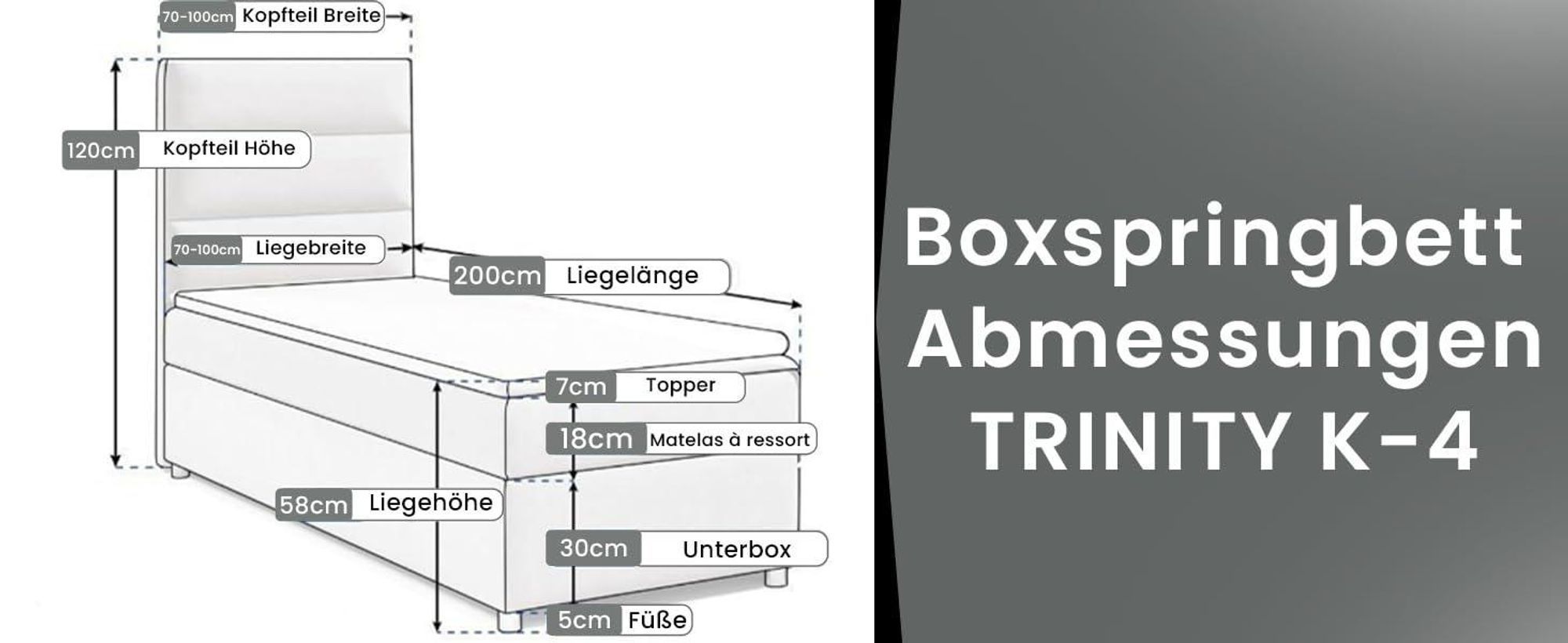 Boxspringbett mit Bettkasten Trinity K-4 SINGLE Bonellfederkern inkl. Topper, mit Lieferung 80x200-BEIGE