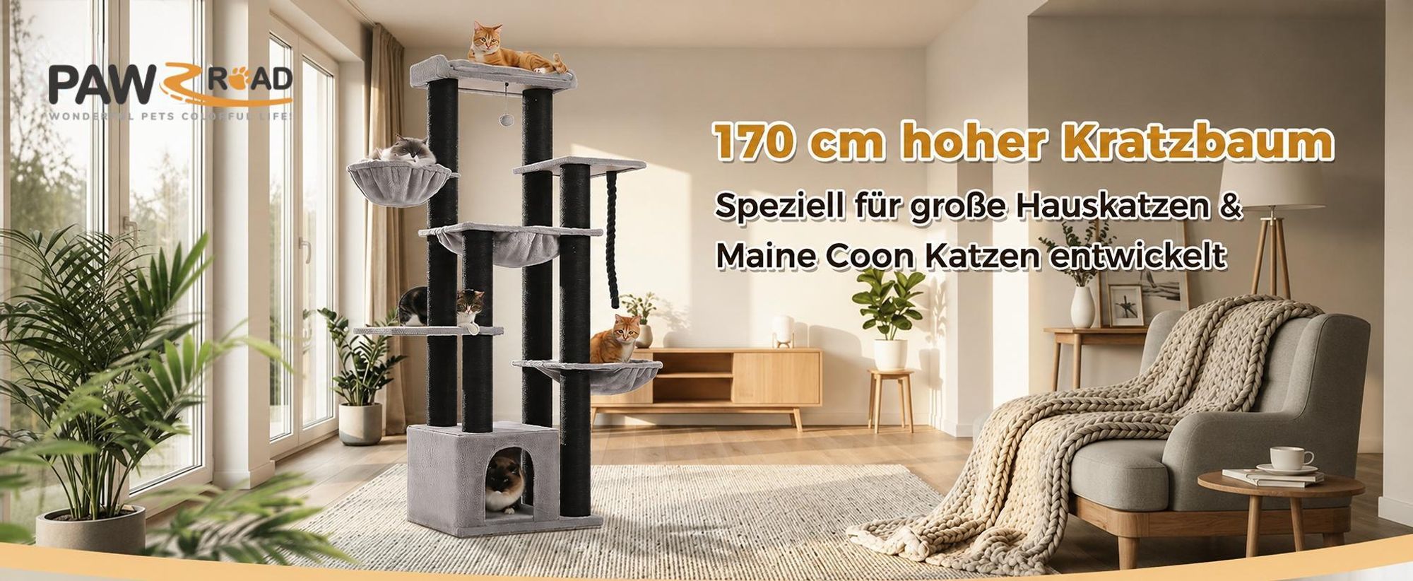 PAWZ Road Kratzbaum Grosse Katzen stabil mit 11cm Stämme, Kratzbaum XXL 170cm
