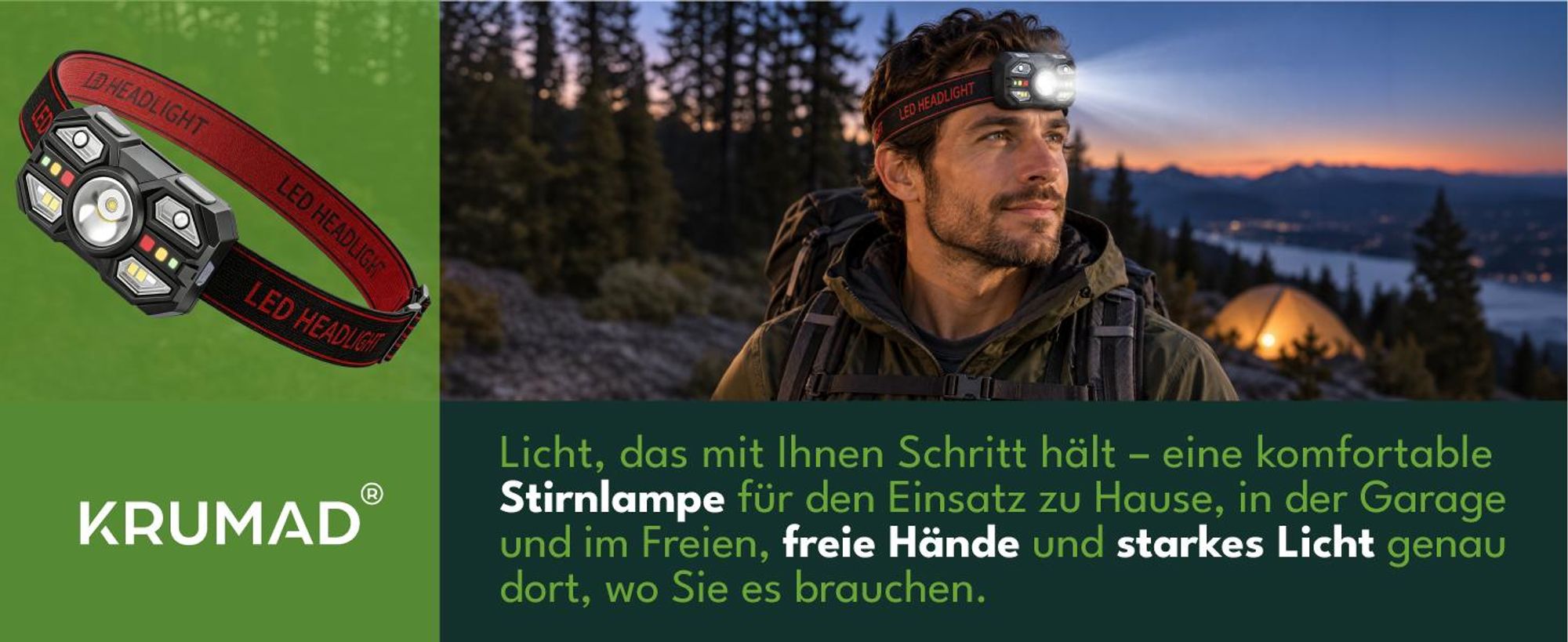 KRUMAD LED Stirnlampe 2er Set, wiederaufladbare Kopflampe mit 400 mAh Akku, Stirnleuchte für Arbeit, Freizeit, Reparatur und Outdoor