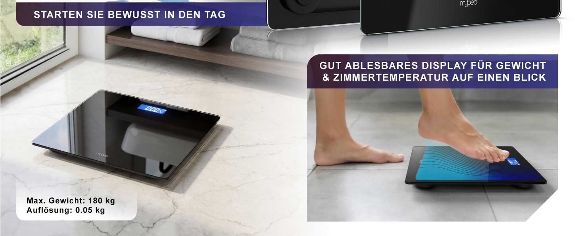MyBeo Personenwaage digital, Waage, große Sicherheitsglas Trittfläche, Temperaturanzeige, Badezimmer Digitalwaage, schmales Design, max. Belastung über 150 kg