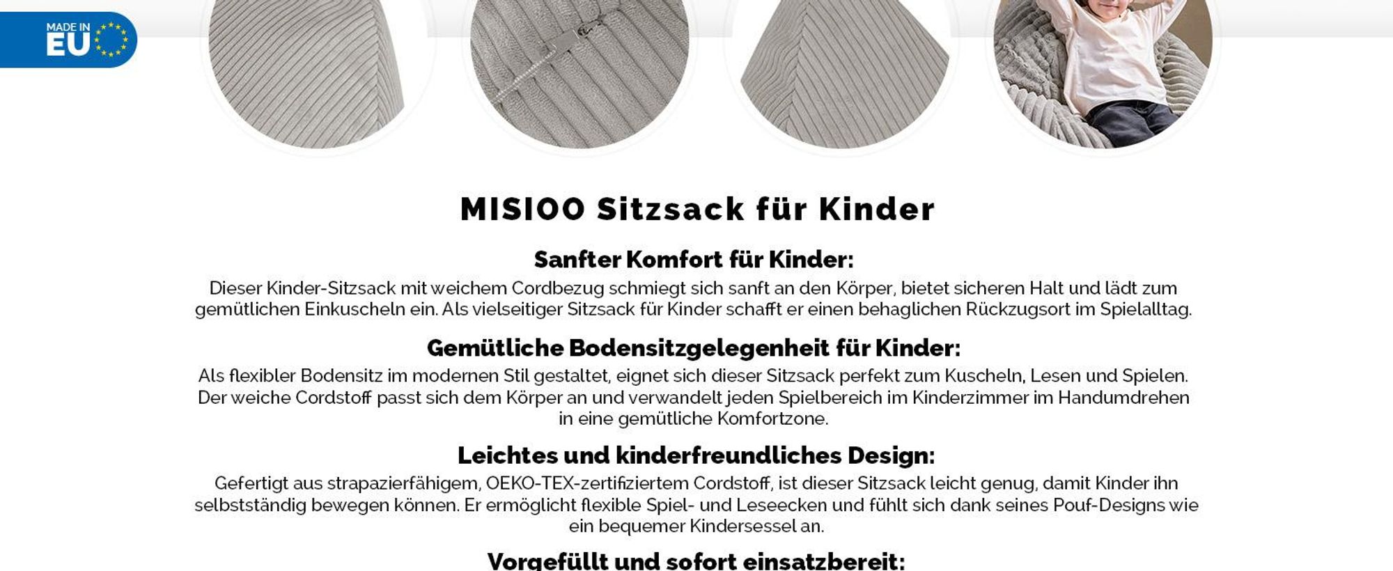 MISIOO Kinder Sitzsack Premium - Ergonomischer - Ab 12 Monaten - Bequeme Sitzsäcke fürs Kinderzimmer - Sitzsack mit Leichter Styroporfüllung