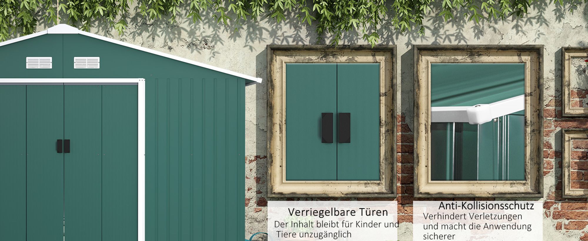 Outsunny Gerätehaus 12,4 m² Gartenhaus mit Satteldach, Schiebetür, Fundament Grün