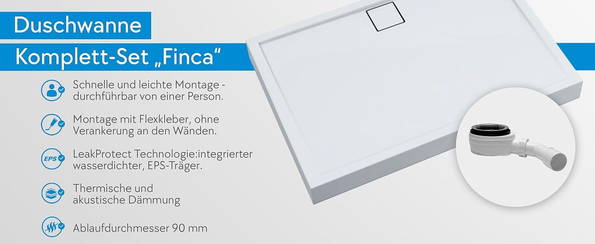 AQUABAD® Duschwanne Komplettset Finca LeakProtect® Smooth White 90x120cm Rechteck mit Ablaufgarnitur