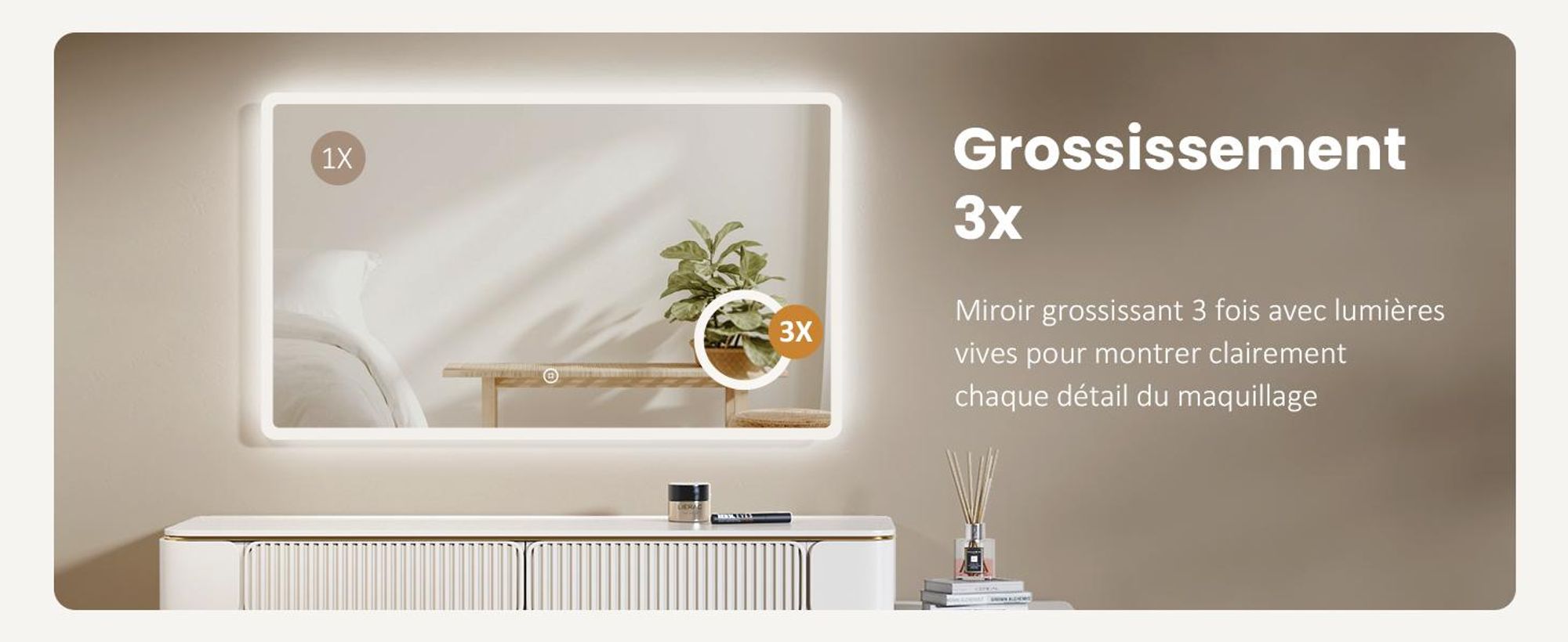 EMKE Miroir de salle de bain LED avec grossissement 3x Interrupteur tactile Lumière blanc froid 100X60cm