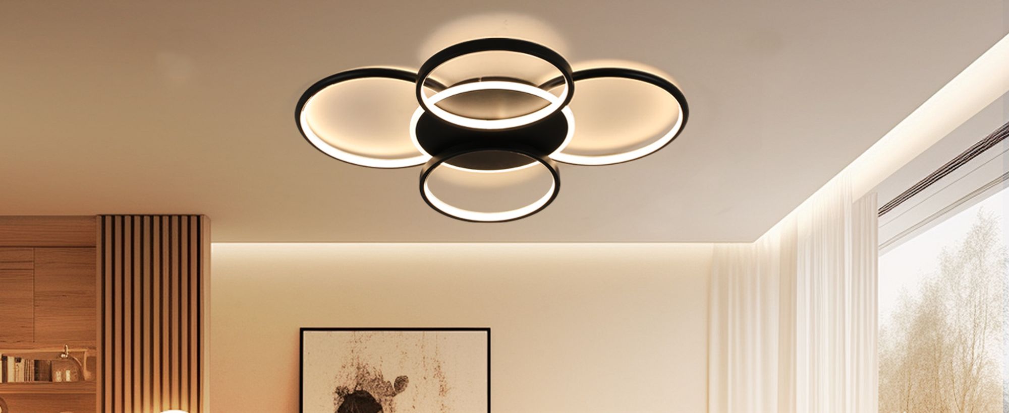 ZMH Deckenlampe LED Deckenleuchte 70W Wohnzimmer Wohnzimmerlampe Dimmbar mit Fernbedienung 5 Ringen Schwarz Schlafzimmerlampe Acryl Deckenbeleuchtung