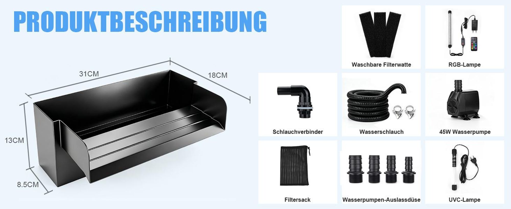 LED Pool Wasserfall mit UVC-Lampe & RGB Wasserspiel 3000L/H Teichpumpe mit Filter 31cm Edelstahl Teichwasserfall für Terrasse Bachläufe Gartenteiche