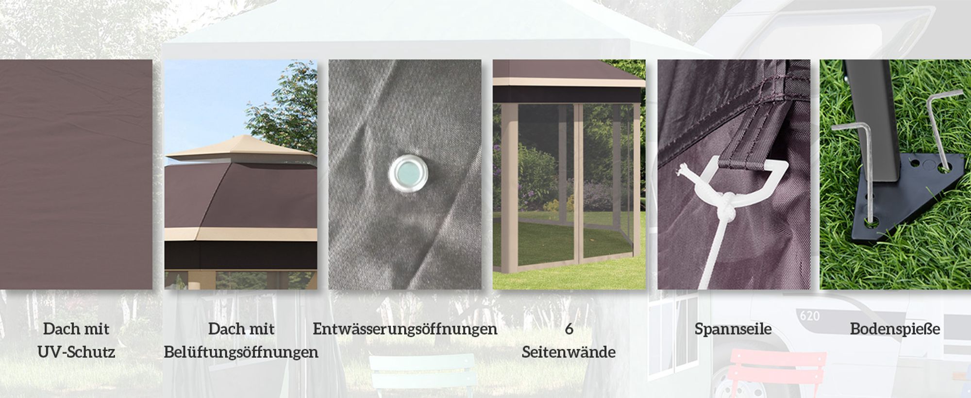 Outsunny Gartenpavillon Faltpavillon 4 x 4 m Pop-Up-Zelt Partyzelt inkl. Tragetasche 6 Seitenteile Doppeldach sechseckig Beige+Khaki