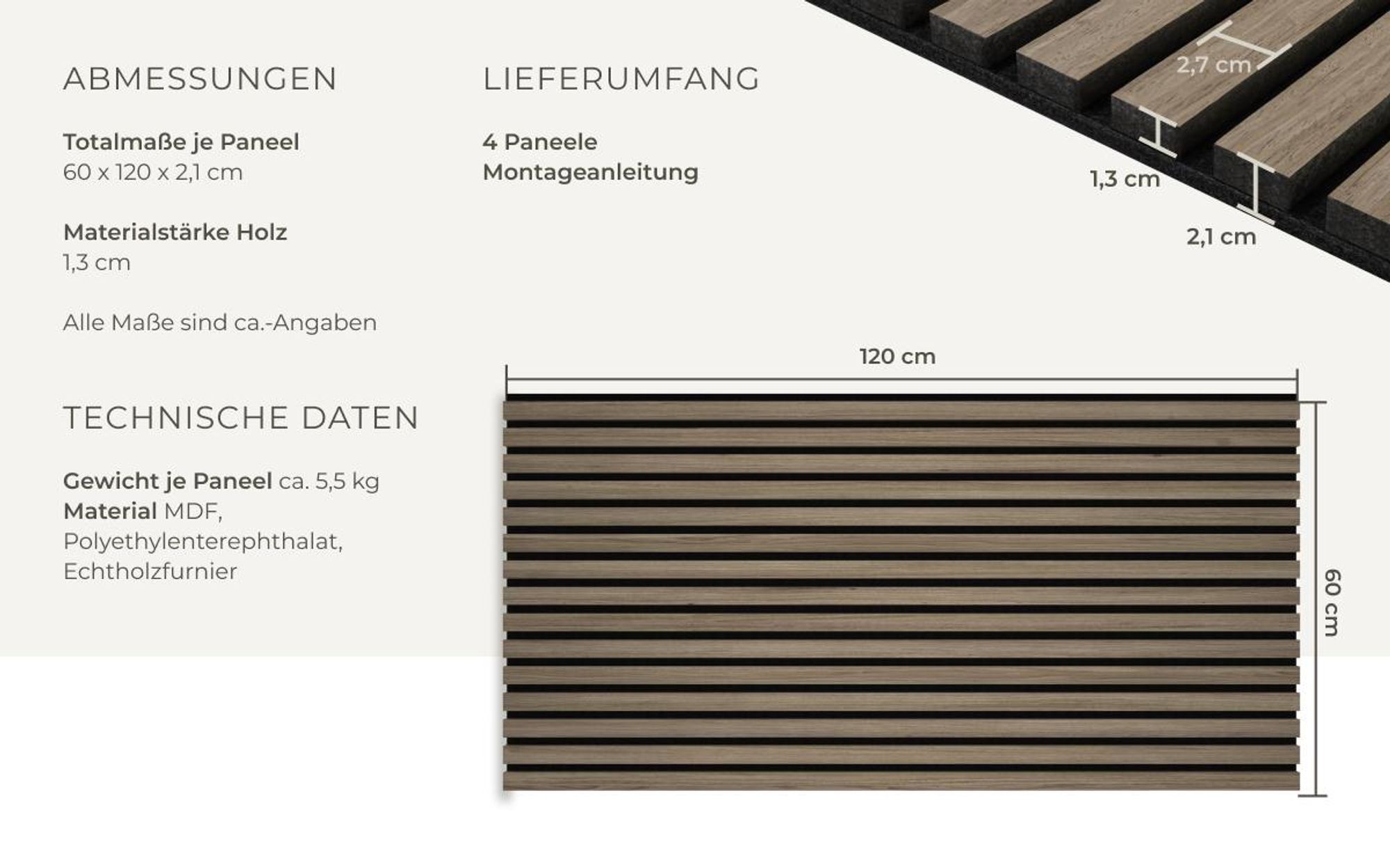 tectake® Akustikpaneele Sonic Wall Holzoptik in Eiche dunkel je 60 x 120 x 2,1 cm, Größe flexibel anpassbar