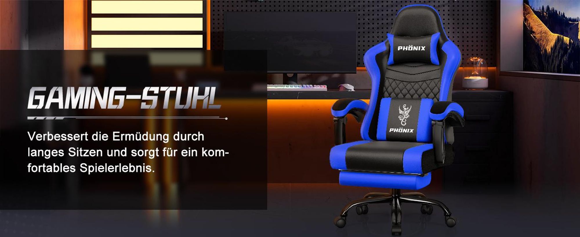 Aiibot Gaming Stuhl, Ergonomischer Gaming Sessel,Schreibtischstuhl,Gamingstuhl mit Fußstütze,Gaming stuhl 150 kg,verstellbare Rückenlehne,Schwarz/Blau