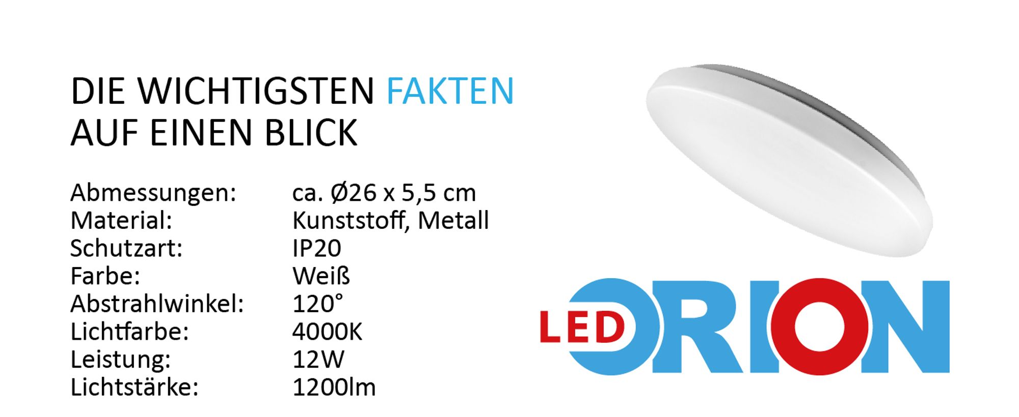 Orion LED Deckenleuchte 12W Neutralweiß Ø26cm IP20 Rund, Metall/Kunststoff