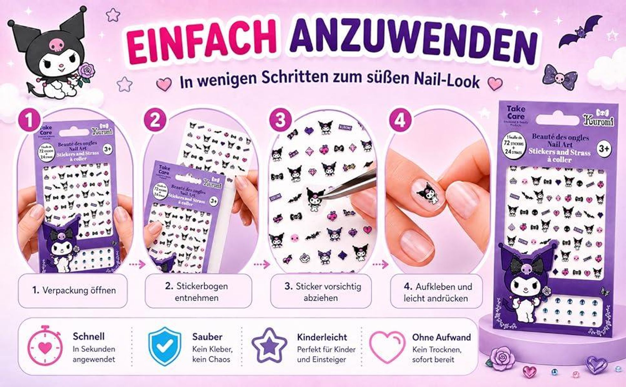 Kuromi Nagelsticker Set – 72 Sticker + 24 Steinchen – Offiziell Lizenziert