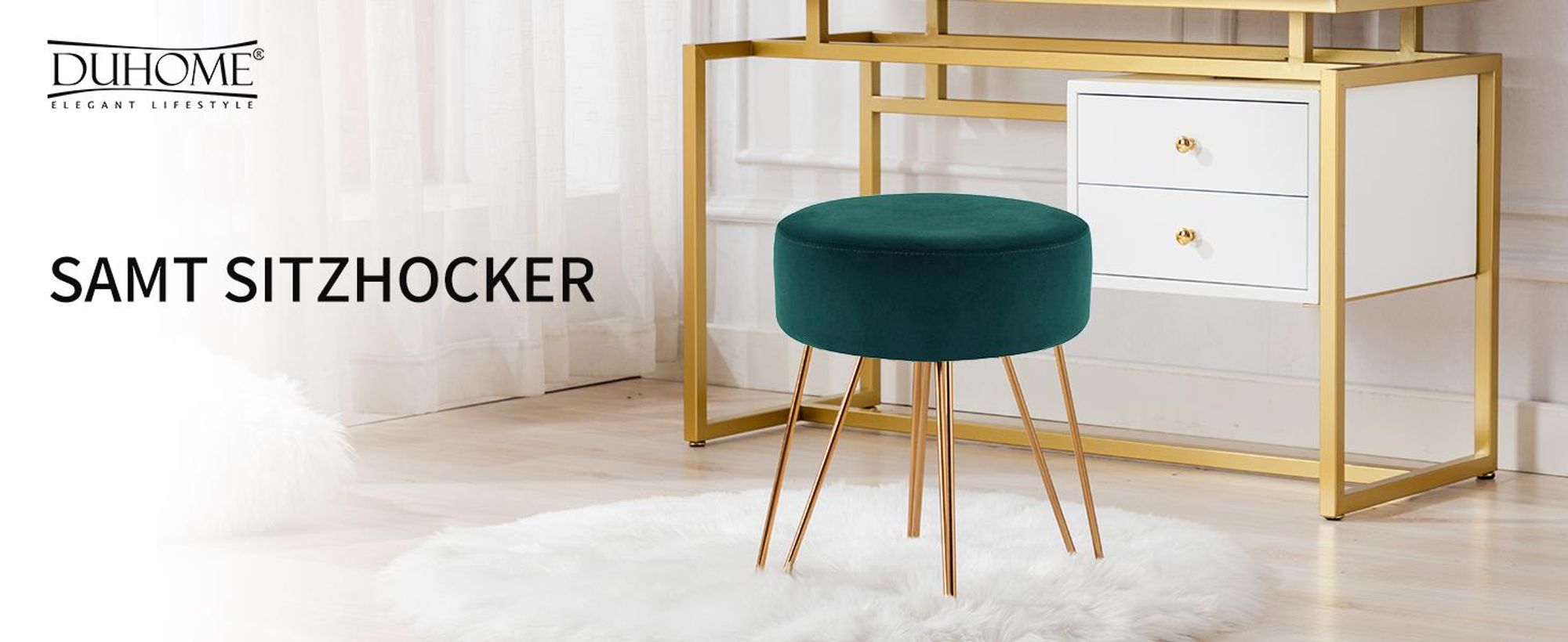 Duhome Sitzhocker Rund Polsterhocker aus Samt Hocker Schminktisch mit Metallbeine, Grün