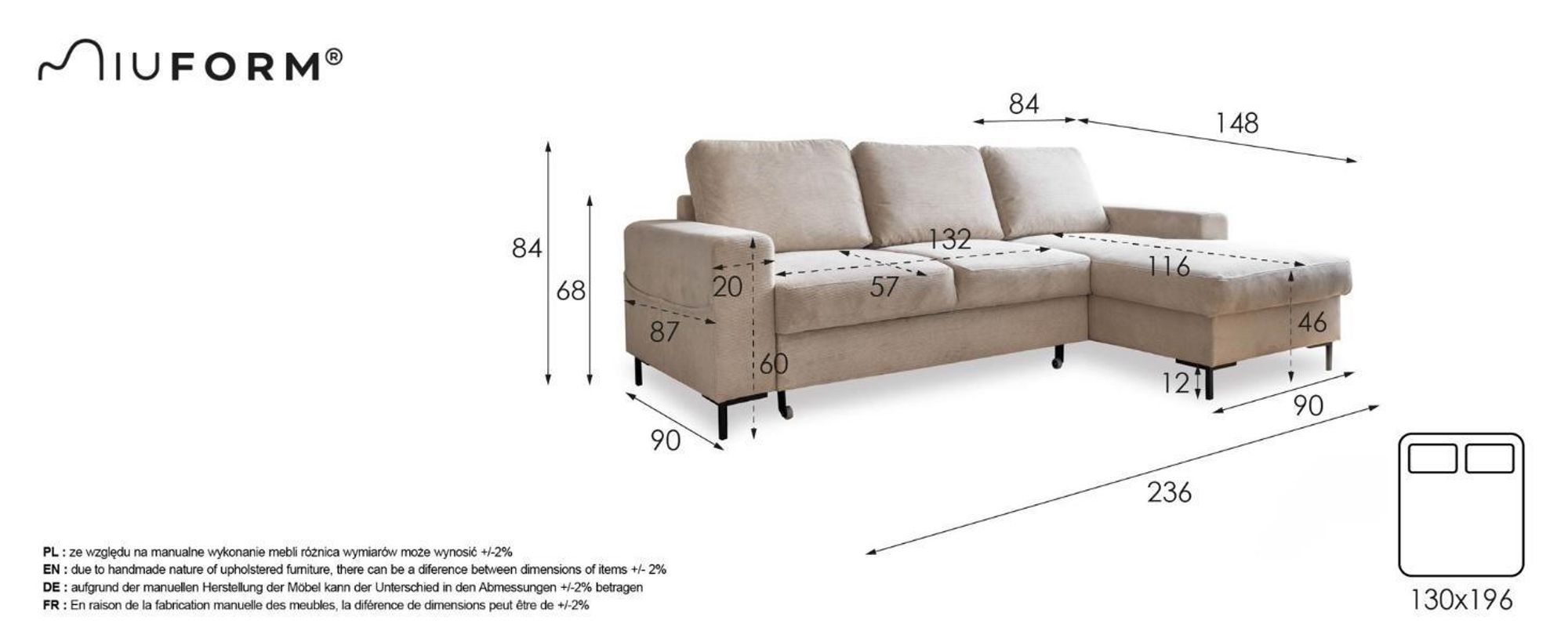 MIUFORM Lofty Lilly - Ecksofa mit Bettfunktion und Bettkasten L-FORM RECHTS - 236x148cm - Beige - Sofa Schlafsofa Couch