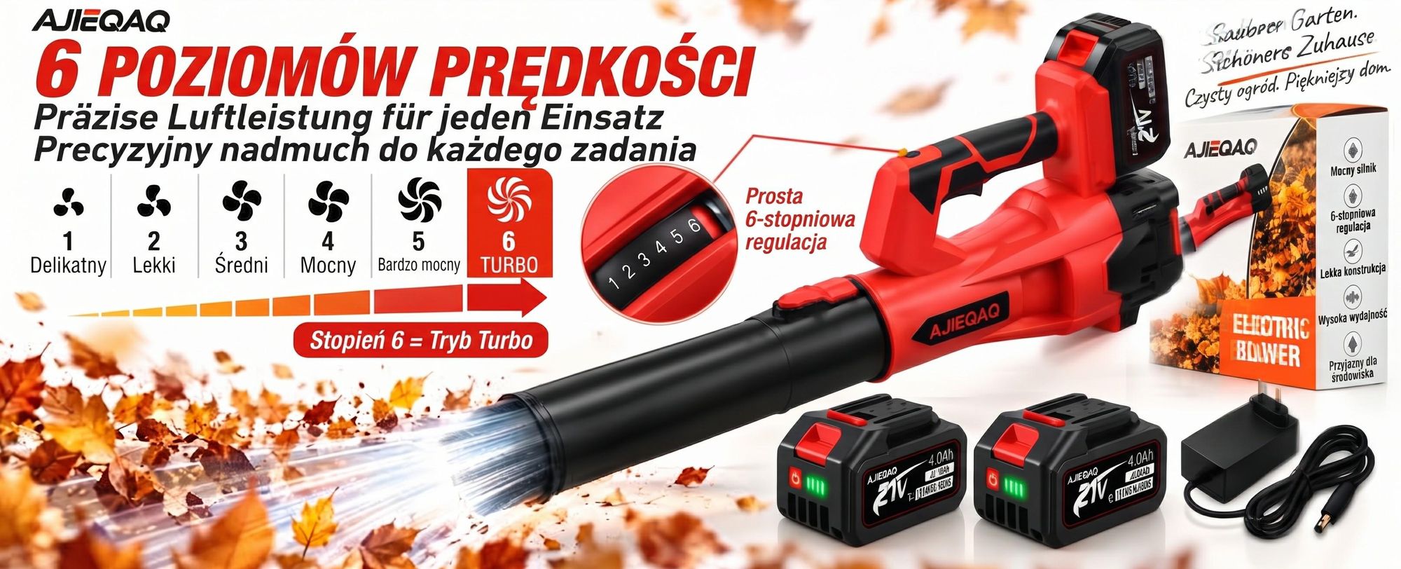 Akumulatorowa Dmuchawa do Liści 21V Brushless, 2×4,0Ah Akumulatory, 320 km/h, 6 Poziomów z Trybem Turbo, 1000W, Bezprzewodowa Dmuchawa z 2 Rurami