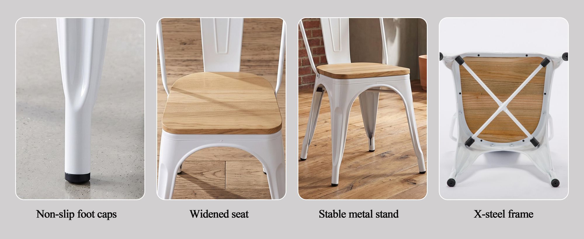4x sedia da cucina sedia da pranzo in METALLO seduta in legno impilabile, colore:bianco+legno naturale, materiale:metallo