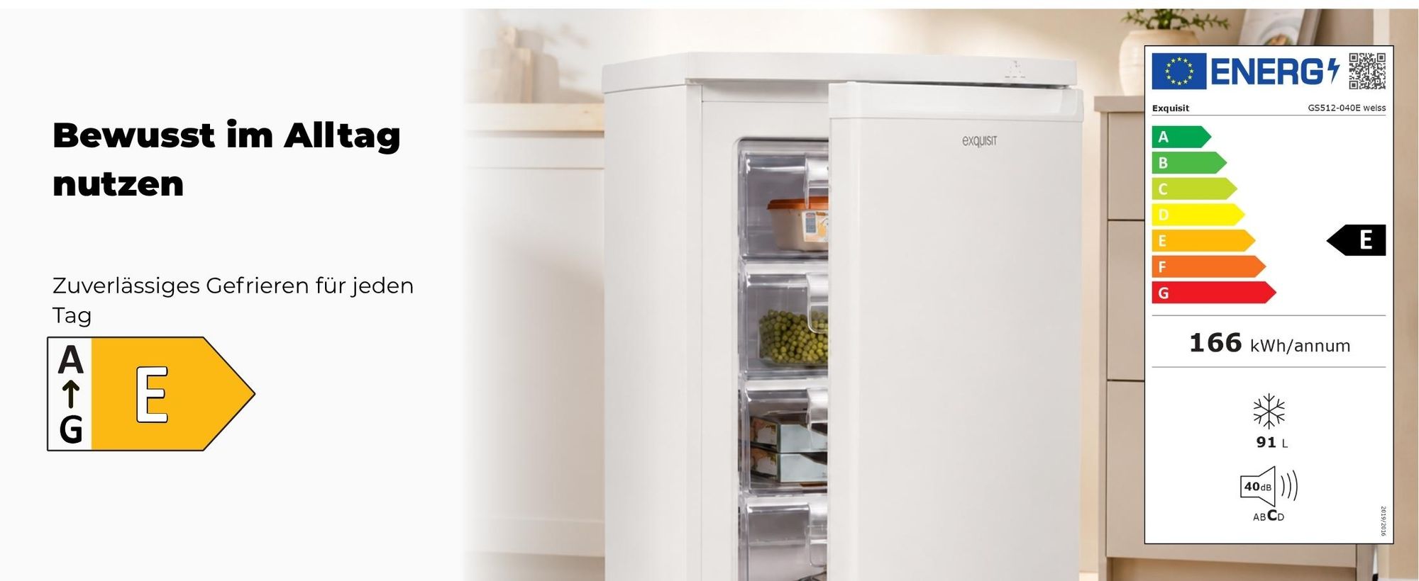 Exquisit Gefrierschrank GS512-040E weiss | 91 l Nutzinhalt | Energieklasse E | 40 dB(A) | 4-Sterne-Gefrierfach | kompakte Bauform