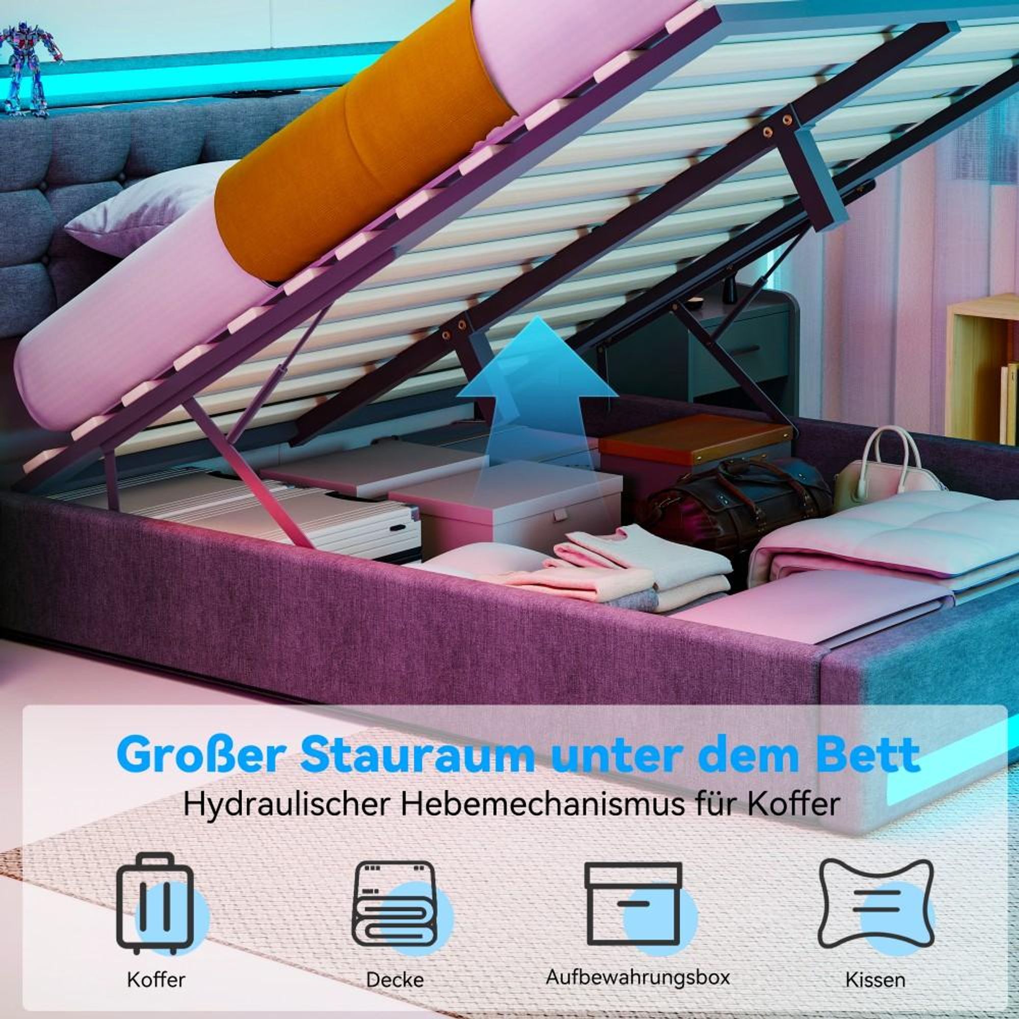 OYAJIA Polsterbett 140x200cm mit Ladefunktion (USB & Type-C), Doppelbett Jugendbett mit Led, Stauraumbett mit Stauraum, Leinen, Grau