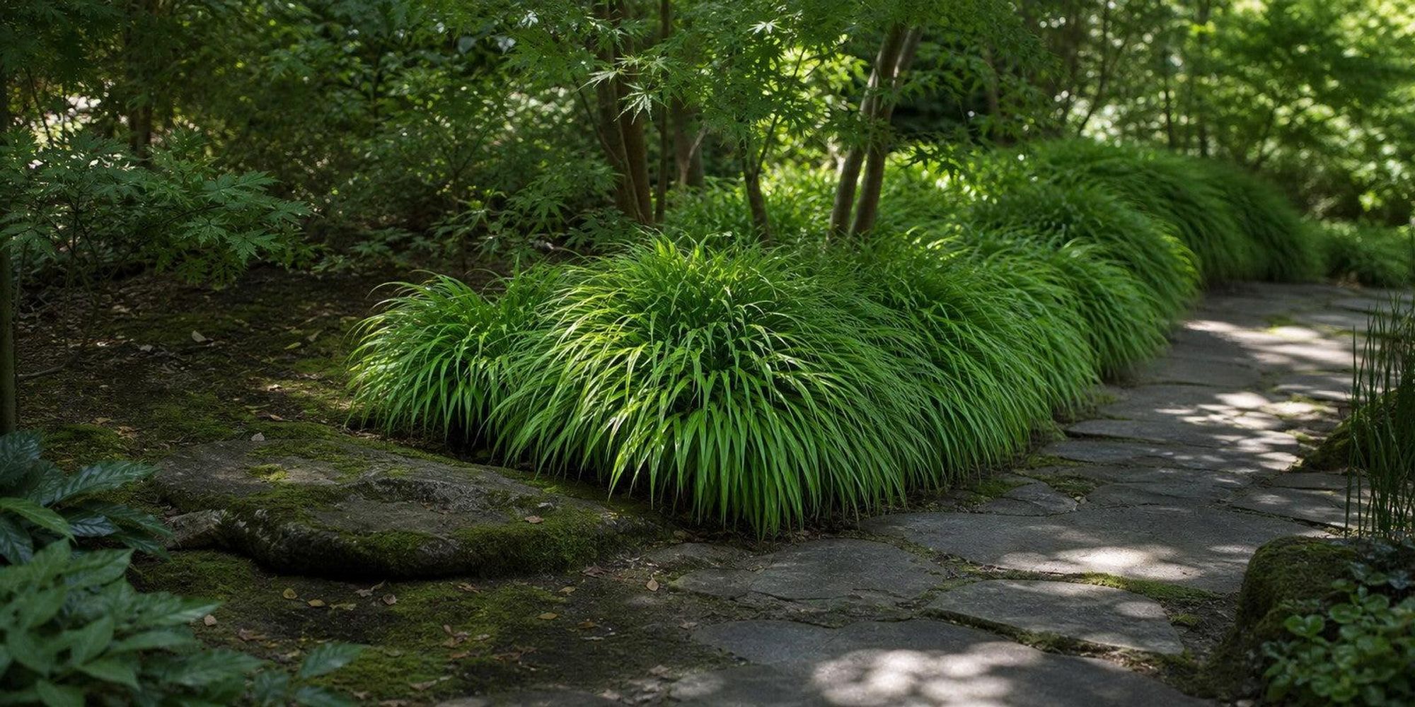 Japanisches Berggras Hakonechloa macra als grüner Wasserfall am schattigen Steinweg