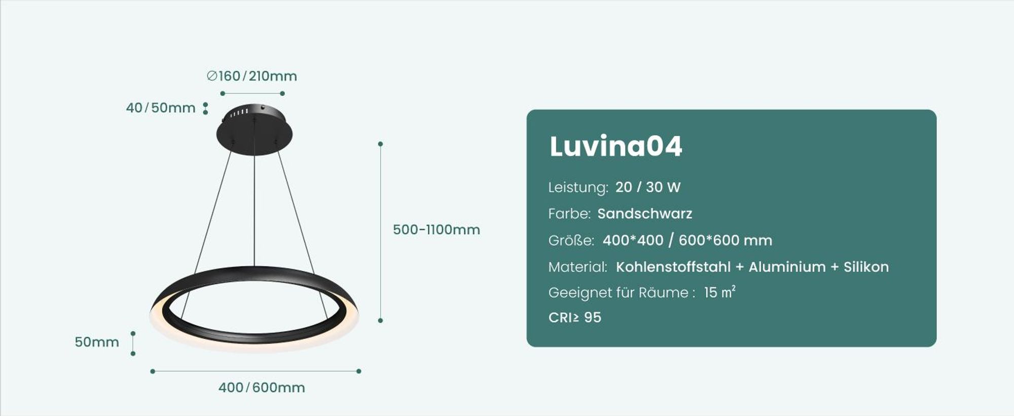 Mai & Mai Pendelleuchte Esstisch, 40cm LED Hängelampe, stufenlos dimmbar höhenverstellbare 20W Esstischlampe mit Fernbedienung Sandschwarz Luvina04