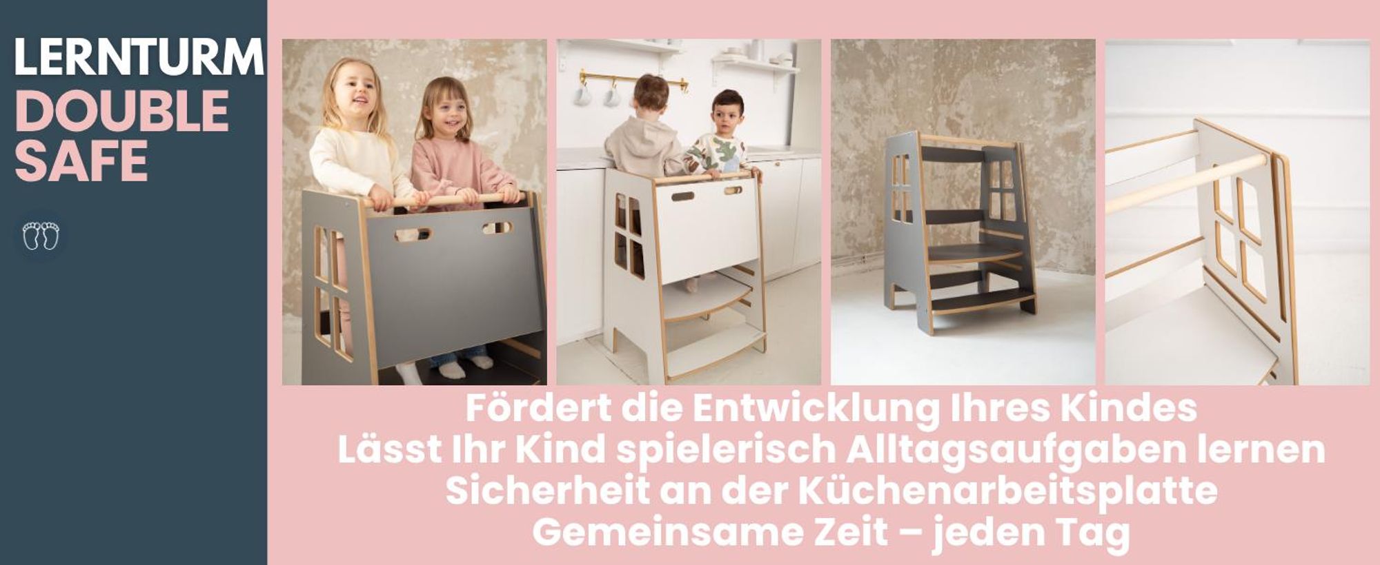 DOUBLE SAFE - Montessori Lernturm Kitchen Helper Kinderplattform Küchenturm | Lernturm für Geschwister | Lernturm für zwei Kinder