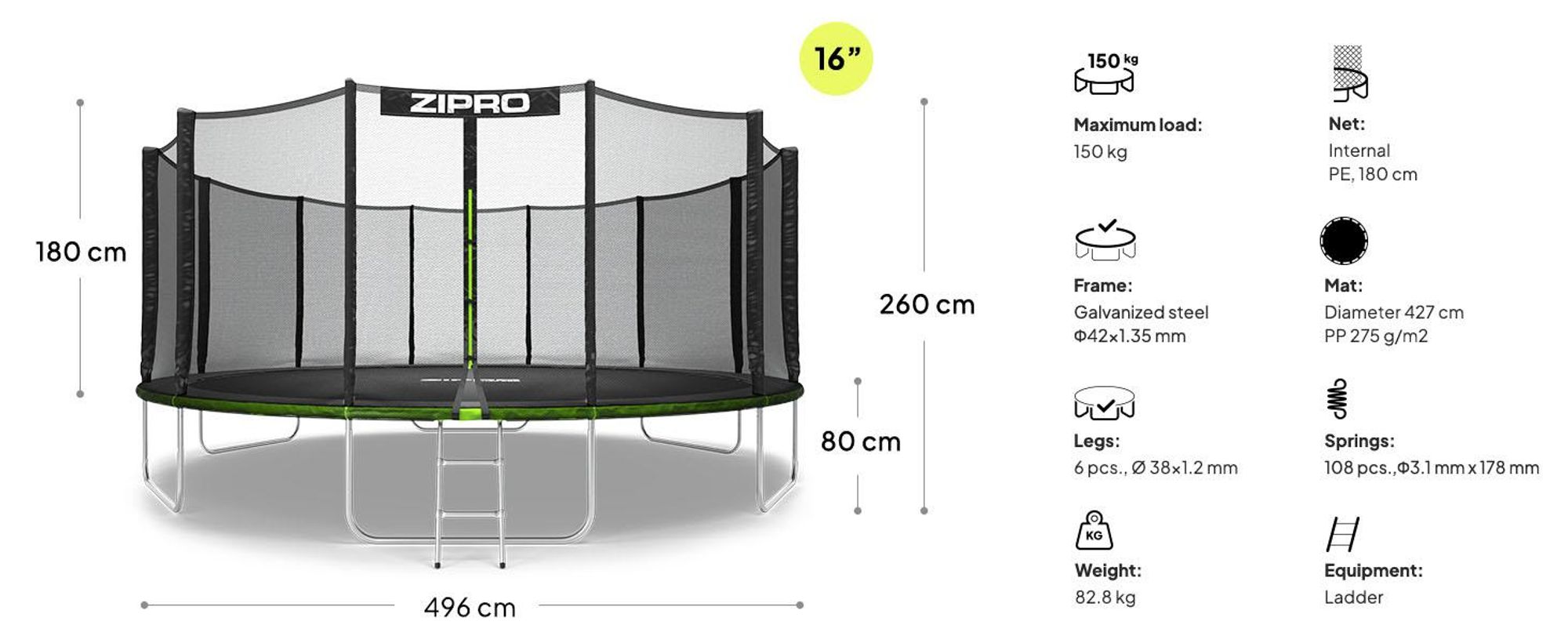 ZIPRO Trampolína Jump Pro Out | 16FT Ø 496 cm | Záhradná trampolína Detská trampolína Kompletná sada vrátane vonkajšej siete, rebríka a okrajového krytu, vonkajšia, zelená