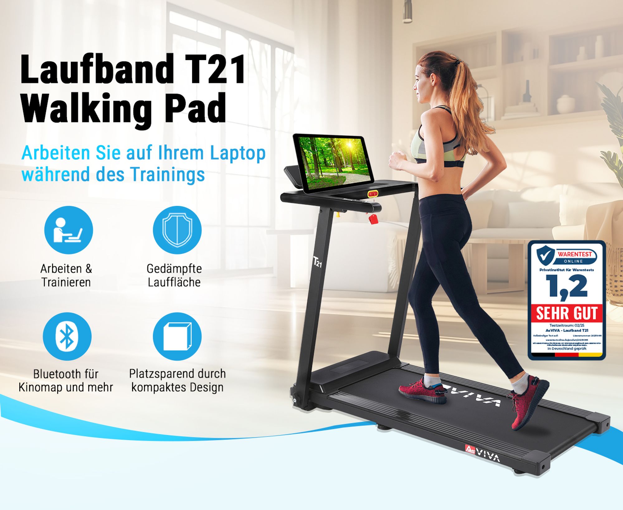 Laufband klappbar AsVIVA T21 Heimtrainer bis 12 km/h 2,5 PS leise kompakt für Zuhause