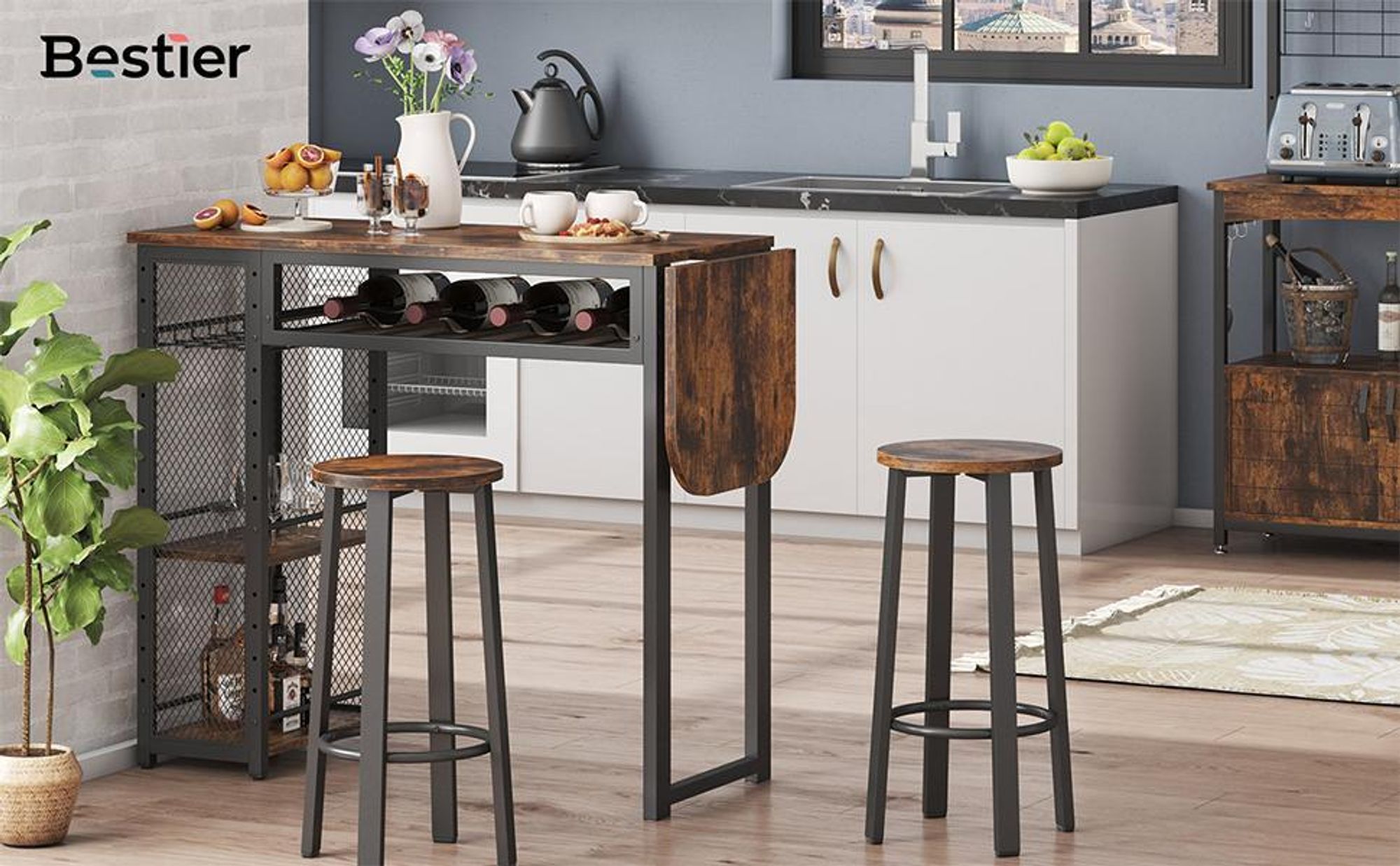 Industrie-Stil Stehtisch Küchentisch & Bartisch mit 2 Barhockern | Esstisch mit Weinglashalter & Ablage | Höhenverstellbarer Stehtisch für Bar, Bistr
