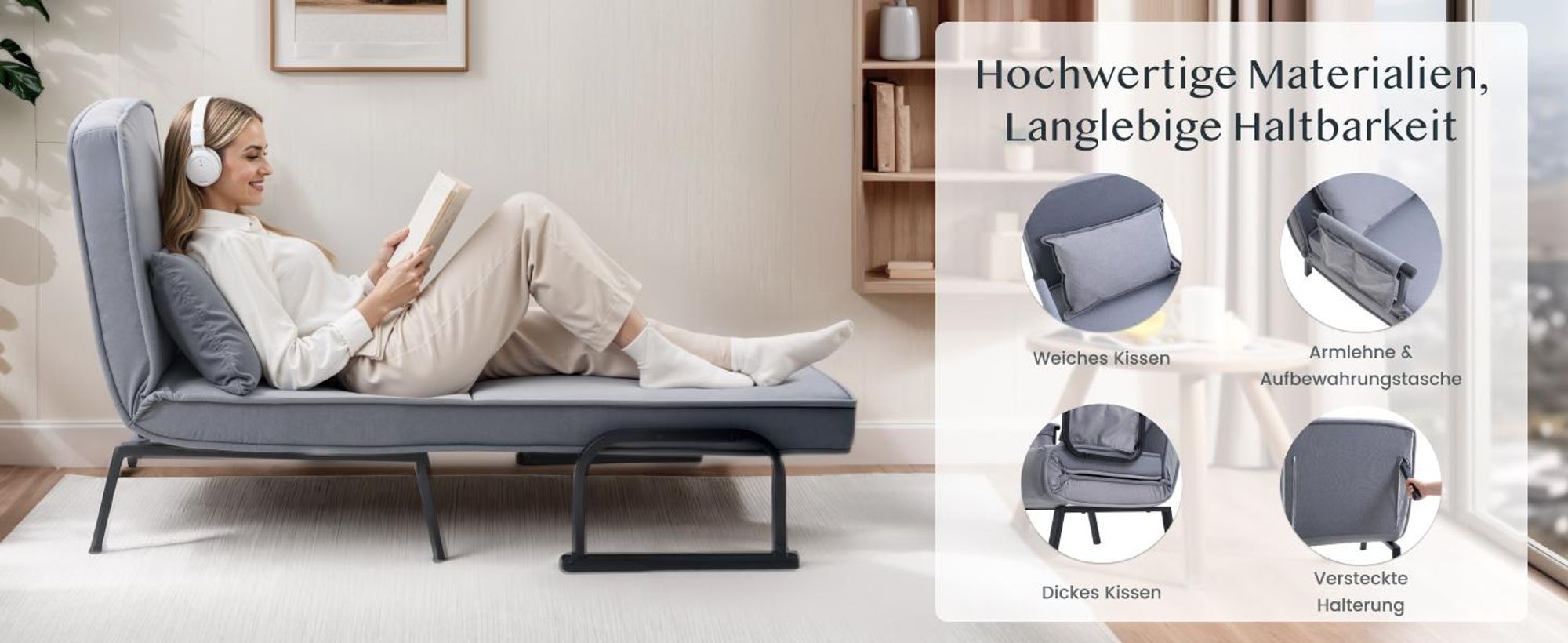 FlexiSpot 3-in-1 Schlafsessel mit Bettfunktion, Verstellbare Rückenlehne, Klappbare Beine, Seitentasche, Platzsparend für Wohnzimmer/Büro (Grau)