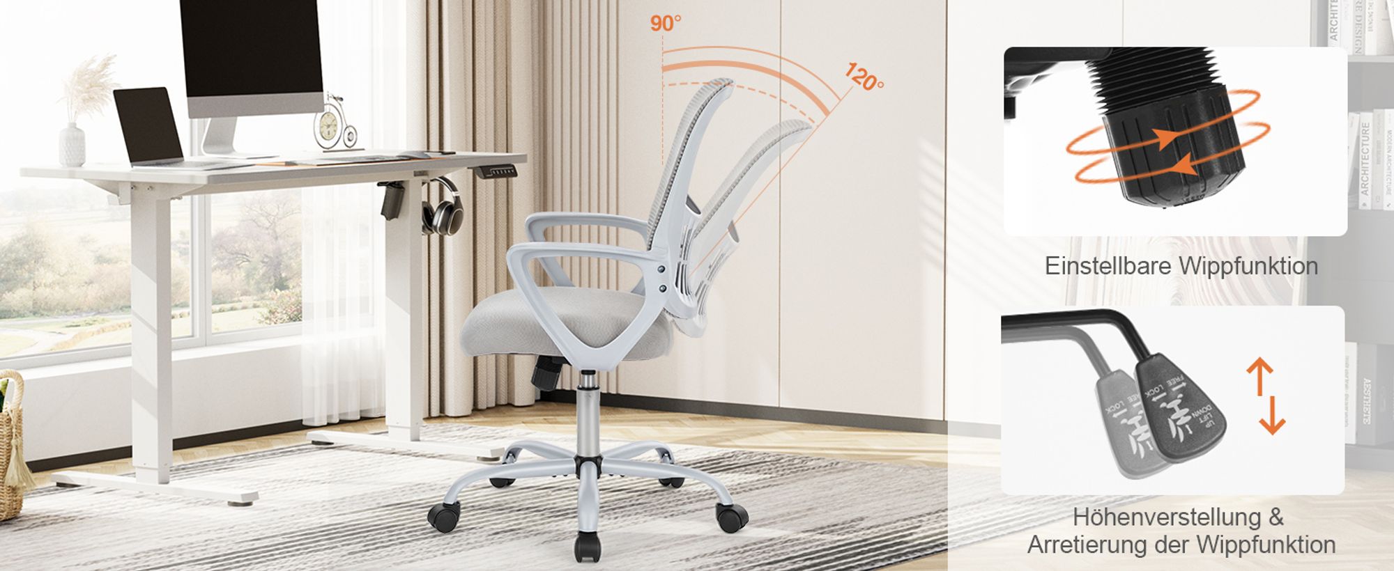 Bürostuhl Ergonomisch, Schreibtischstuhl mit Lendenwirbelstütze, Verstellbaren Armlehnen Bürostühle, Höhenverstellbarer office chair, Drehstuhl