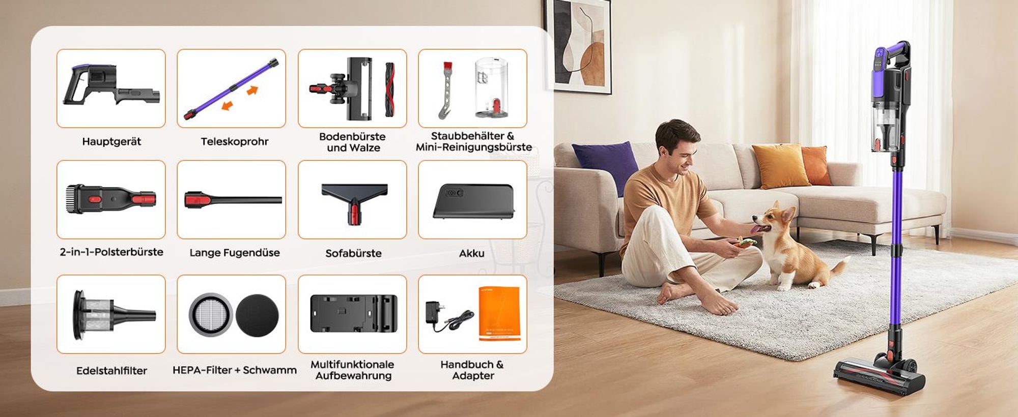Buture VC100 Akku Staubsauger, 500W/45.000pa Staubsauger Kabellos mit Touchscreen, Bis zu 55 Min Laufzeit, Kabelloser Anti-Tangle-Staubsauger