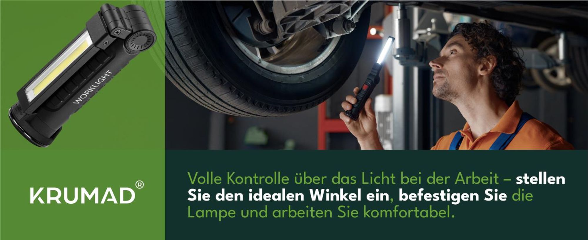 KRUMAD LED Werkstattlampe mit Magnetbasis und Akku, Wassertropfsicher, Verstellbare Arbeitsleuchte, USB-Aufladung, Kompakt für Garage und Outdoor