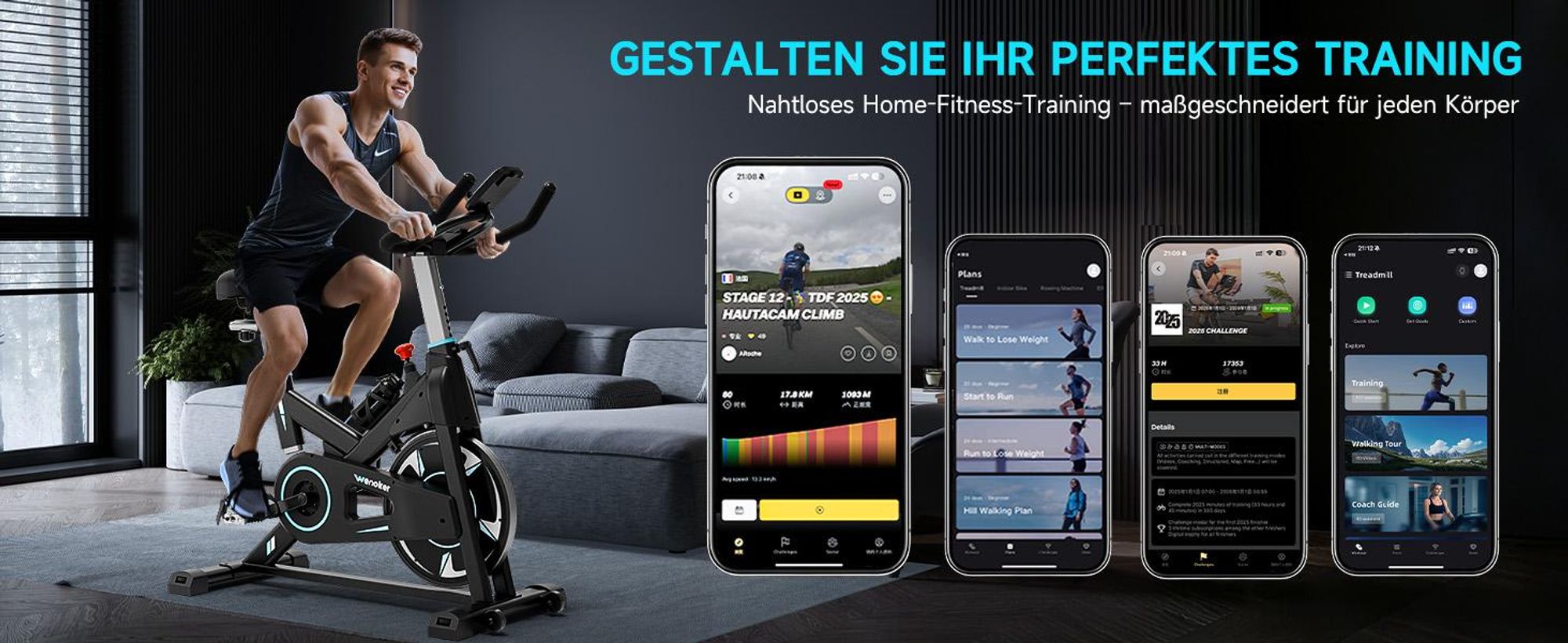 [2026 Aktualisierte] Wenoker Heimtrainer Fahrrad mit App, 0-100% Magnetwiderstand Ergometer, Schweres Schwungrad, Indoor Fitnessbikes Bis 160KG