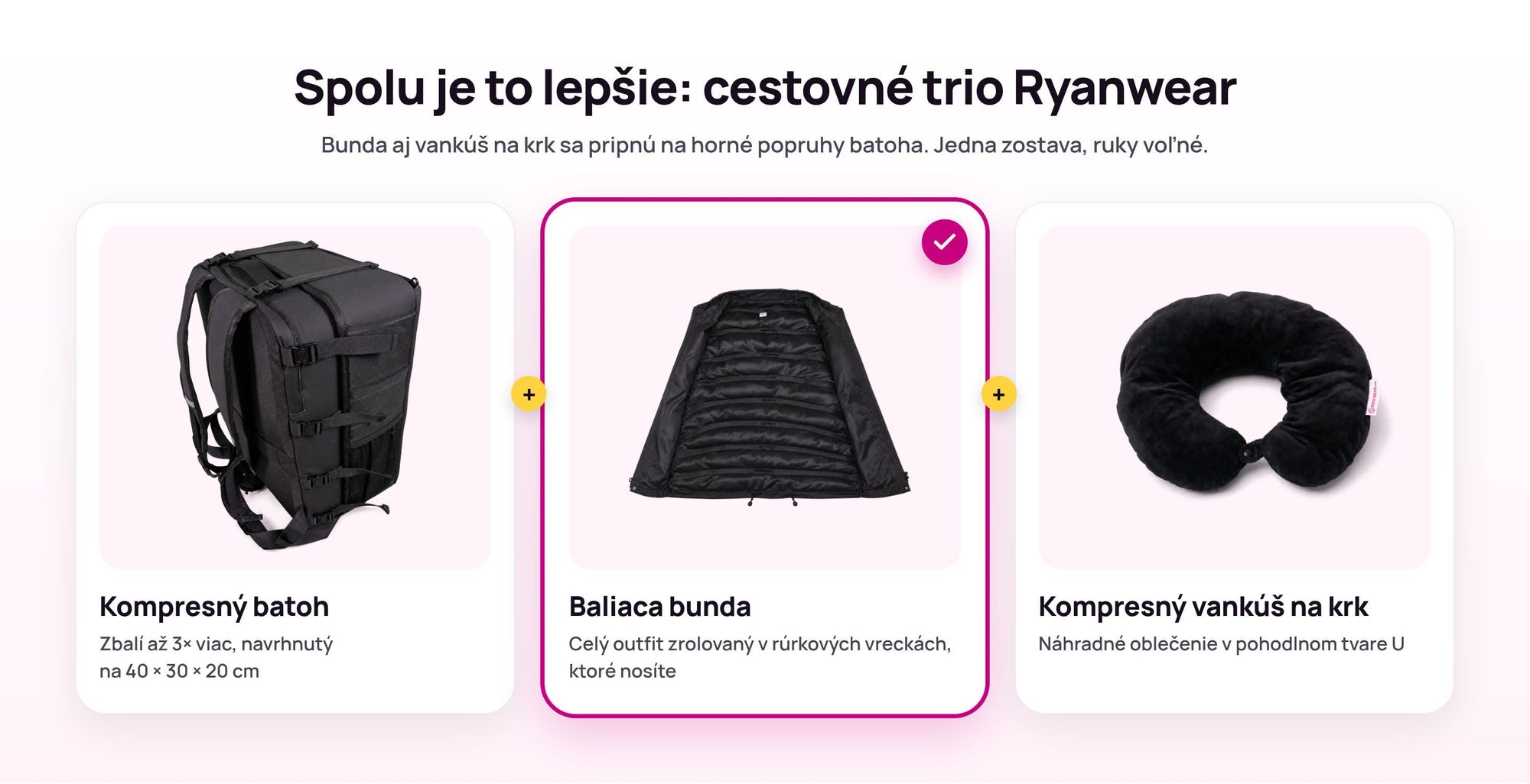 Kompresný batoh Ryanwear s pripnutou Baliacou bundou a Kompresným vankúšom na krk